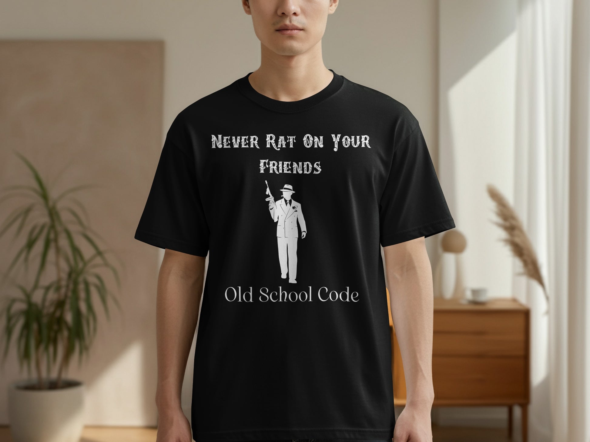 NEVER RAT ON YOUR FRIENDS Old School Code T-Shirt product type
Loyalty shirt, Friendship code, Old school style, Gangster themed, Mob life tee, Retro design, Vintage apparel, Trust message, Respect clothing, Outlaw fashion, Classic saying, Streetwear top, Black graphic tee, Unique slogan, Men's graphic, Secret code, Retro street, Godfather style, Mafia culture, Brotherhood gear