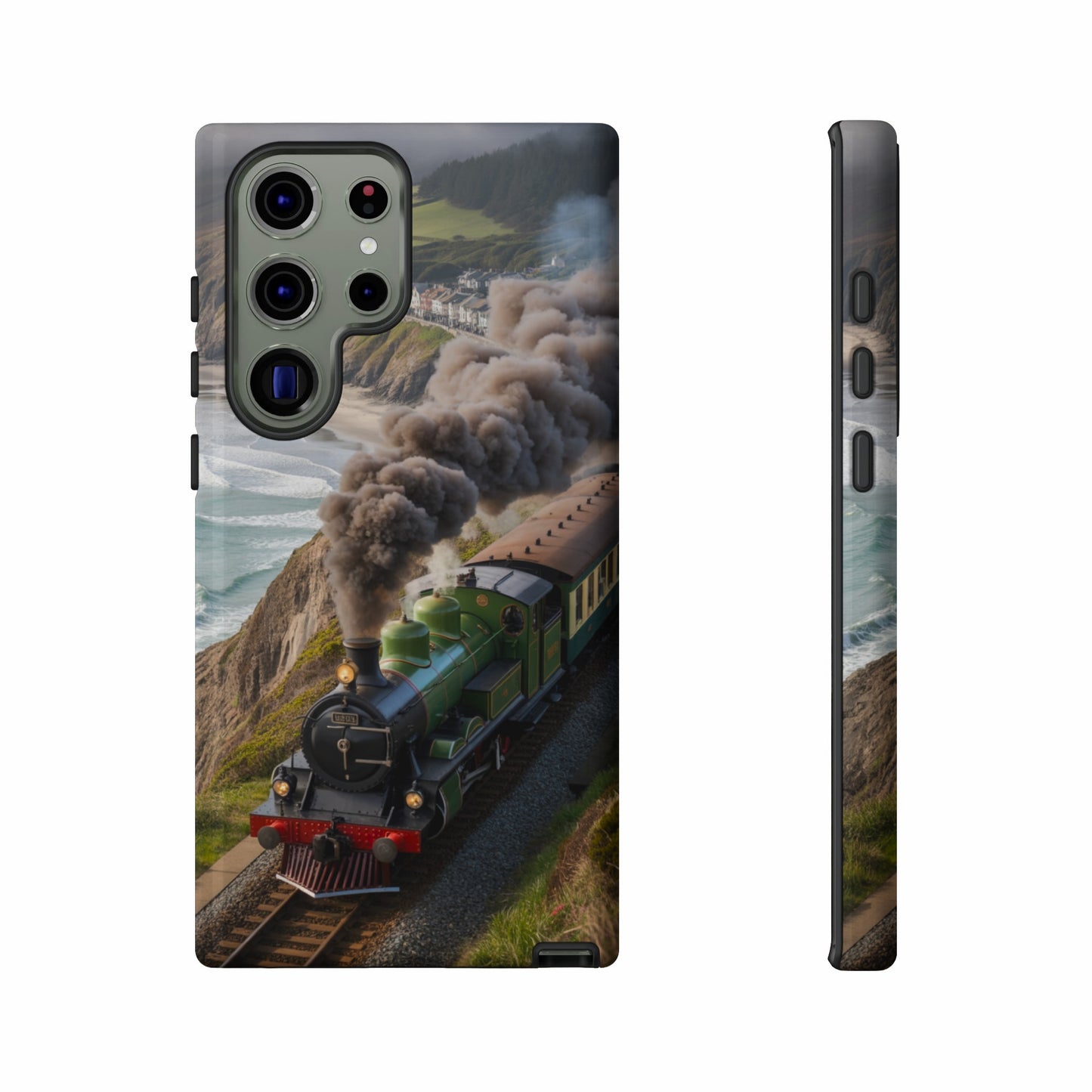 Steam train on a coastal track, seen from front and side views.