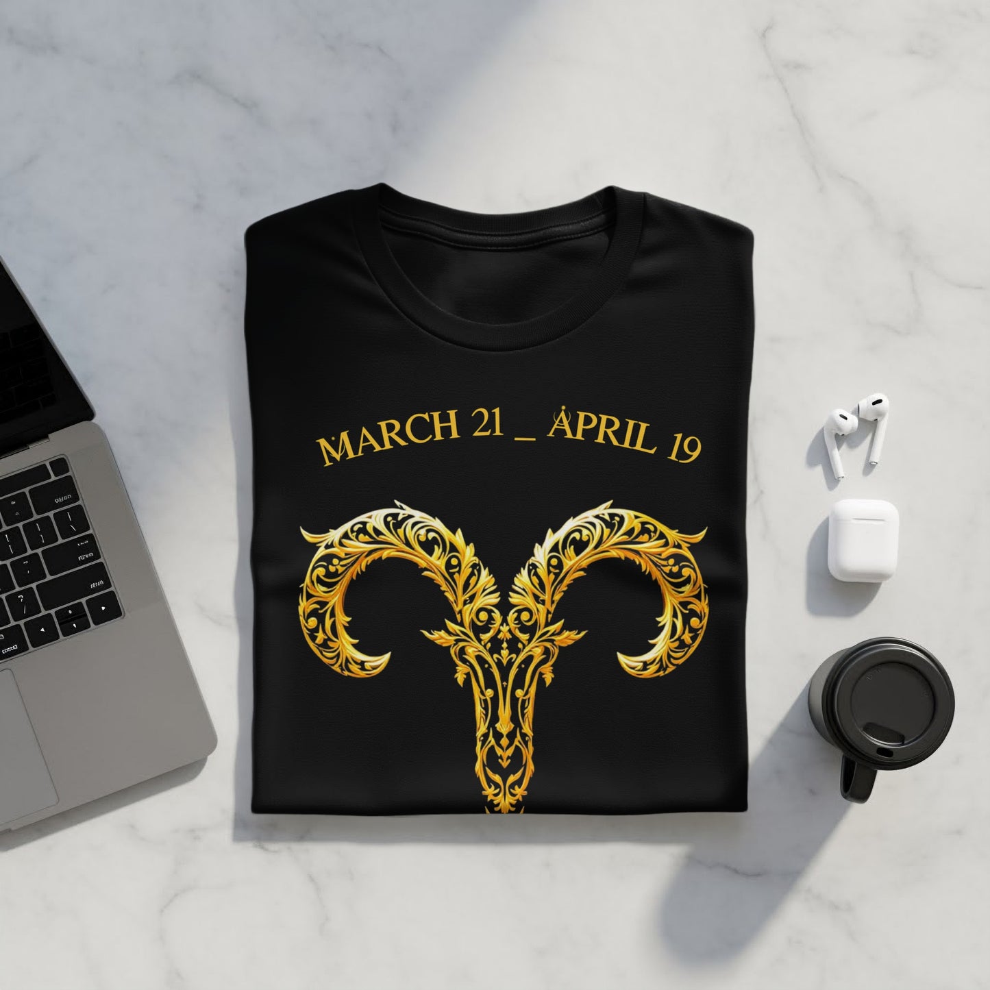 Aries Zodiac Sign Gold Ornate Design Black T-shirt