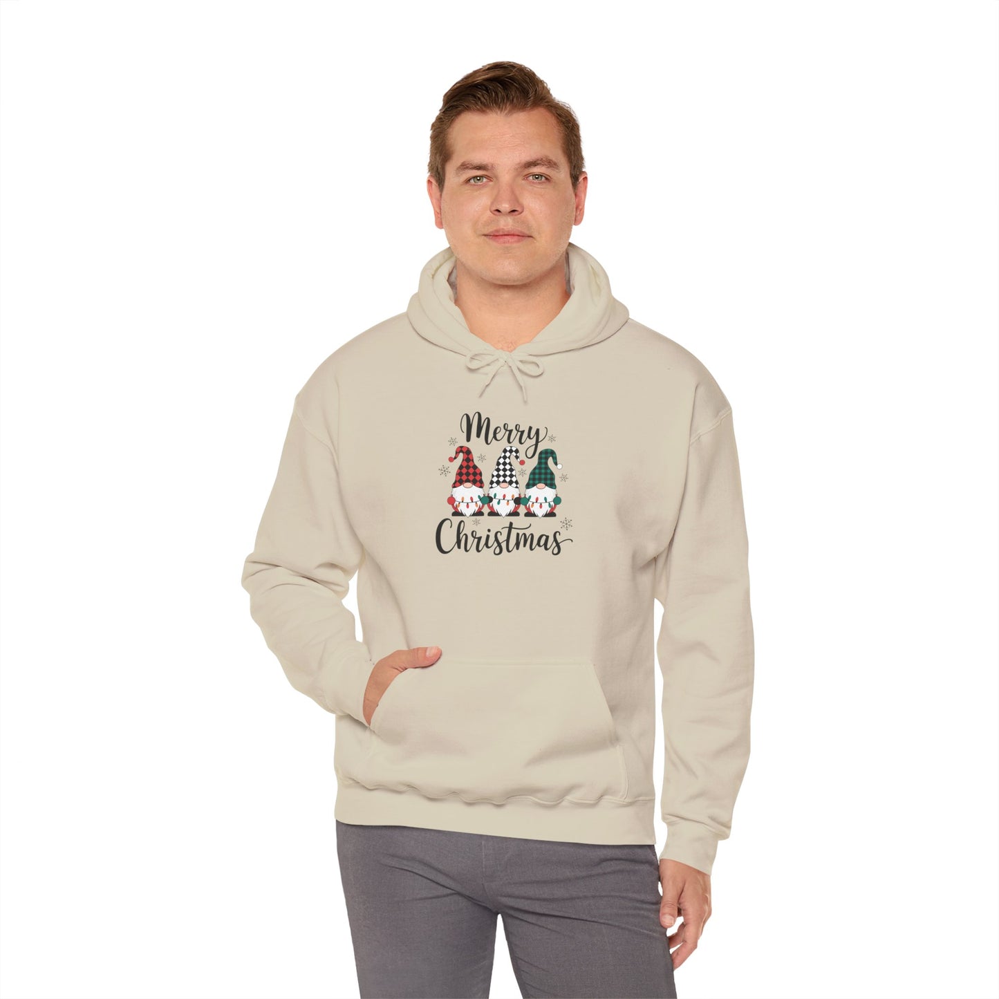 Embroidered Merry Christmas Gnomes Hoodie — Festive Plaid Holiday Pullover
