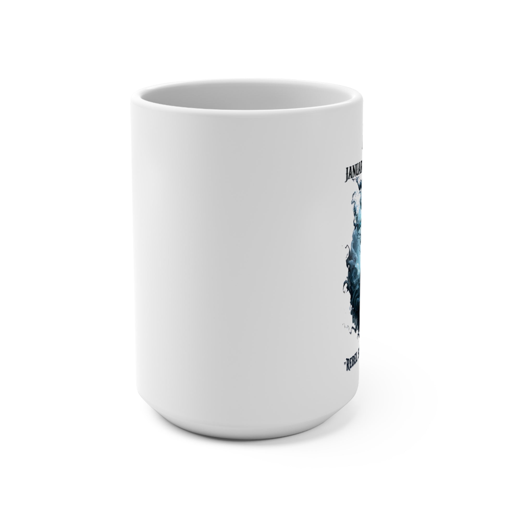 White mug with a graphic design on a white background