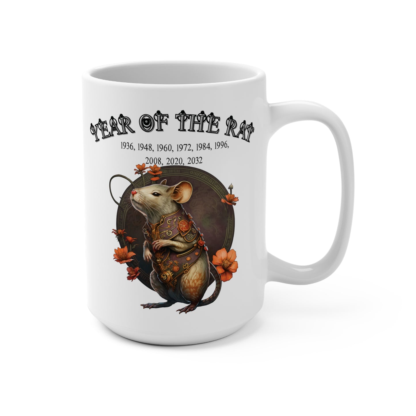White mug with a design of a rat and floral elements, featuring years associated with the 'Year of the Rat'.
