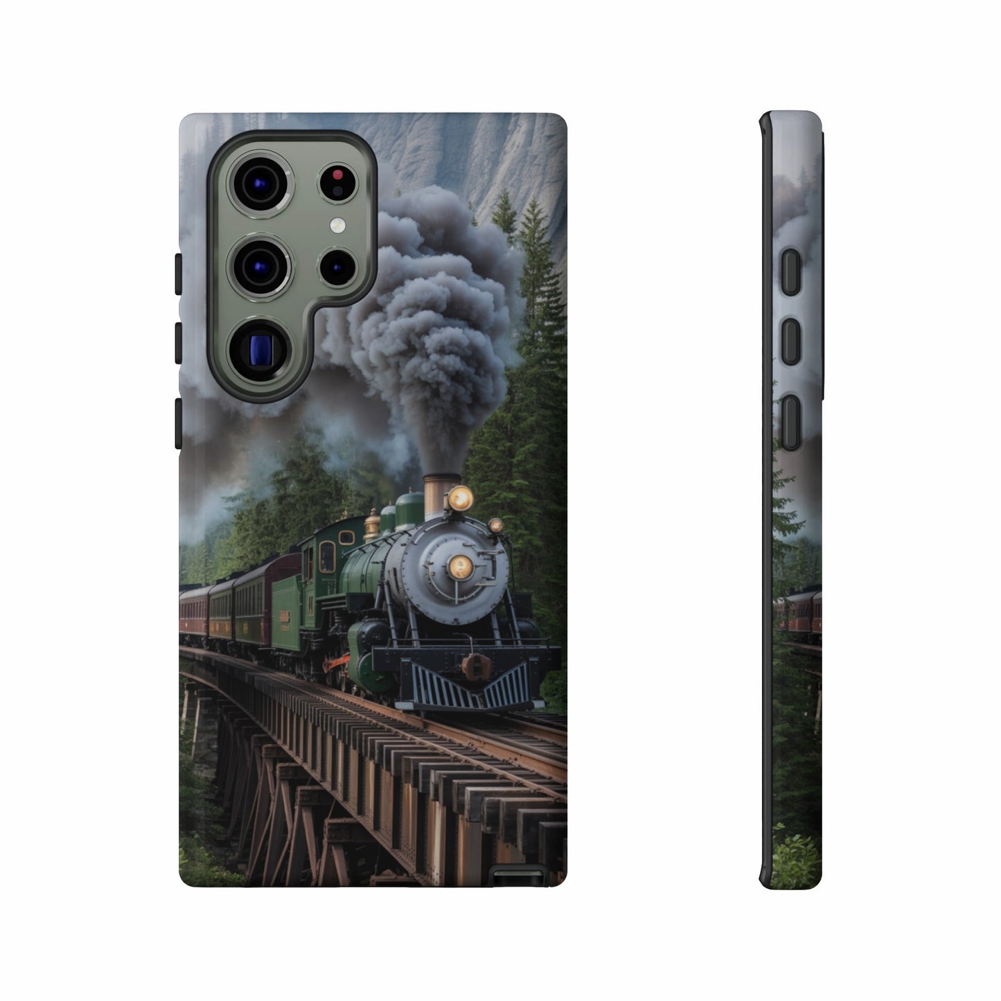 Green steam train on a wooden bridge, forest background, phone case mockup.