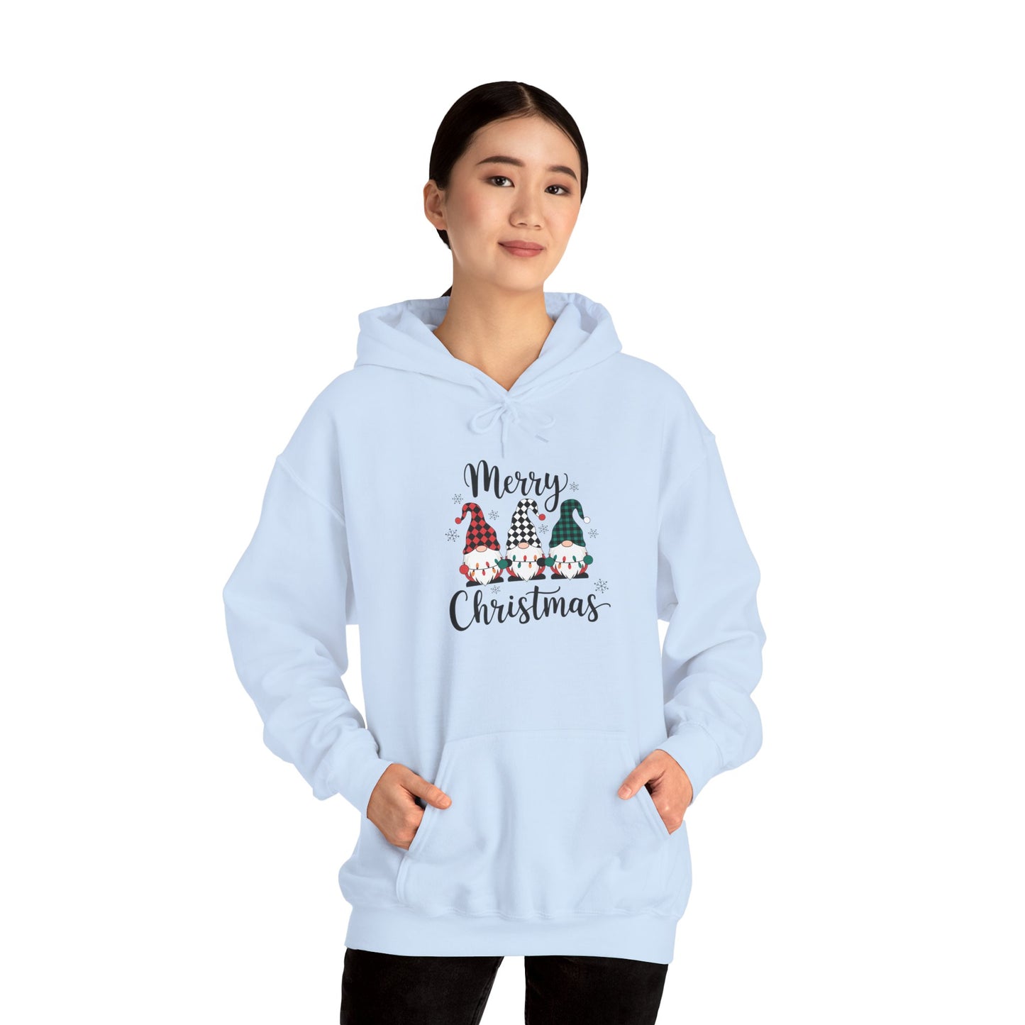 Embroidered Merry Christmas Gnomes Hoodie — Festive Plaid Holiday Pullover