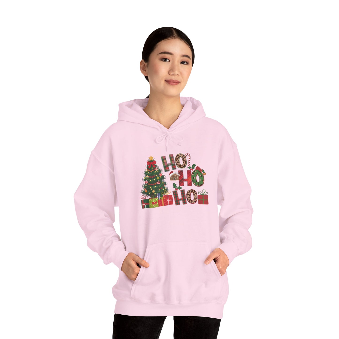 Embroidered Ho Ho Ho Christmas Hoodie – Festive Tree & Gifts Holiday Sweatshirt