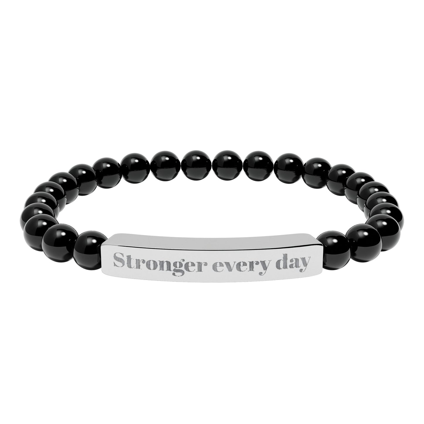 Engraved Natural Stone Stretch Bracelet — 'Stronger Every Day' Beaded Bar Bracelet