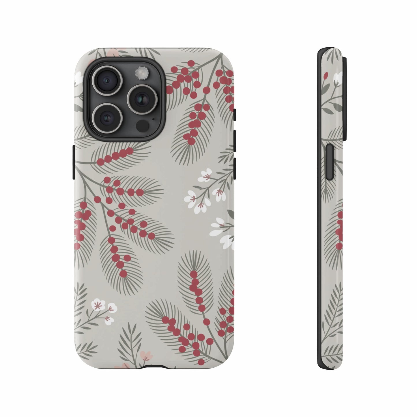 Phone case with red berries, pine needles, and white flowers on gray background.
