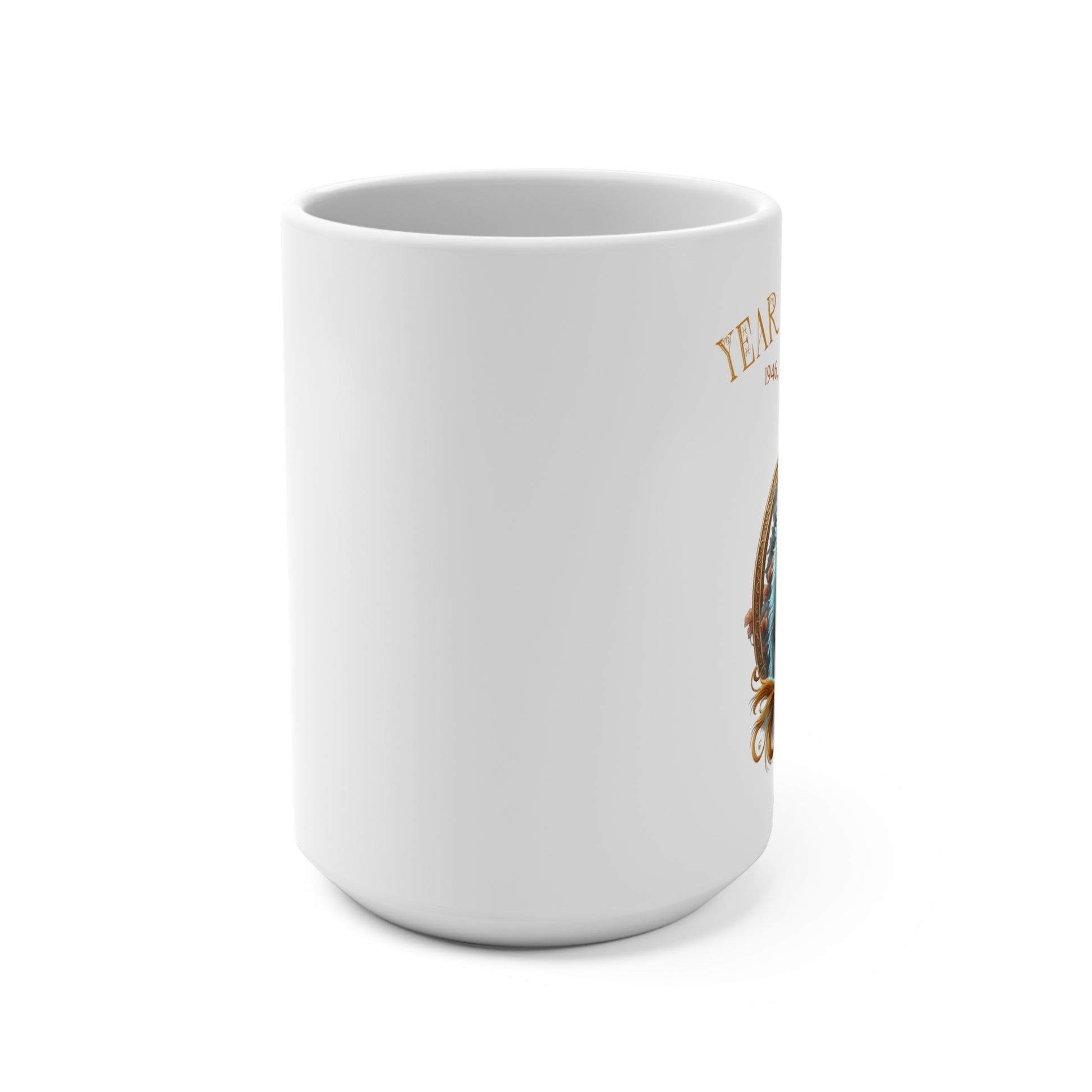 White mug with a gold and multicolor design on a white background