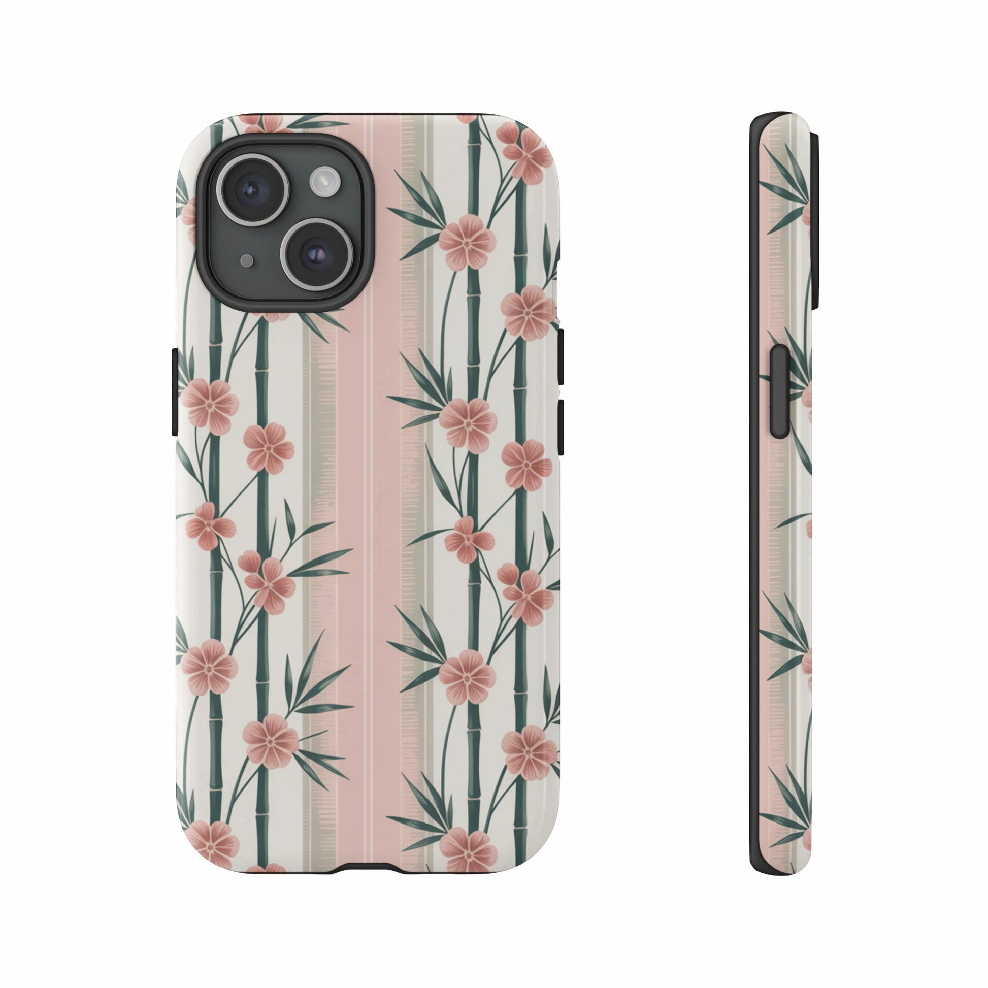 Phone case with pink floral and bamboo stripe pattern.