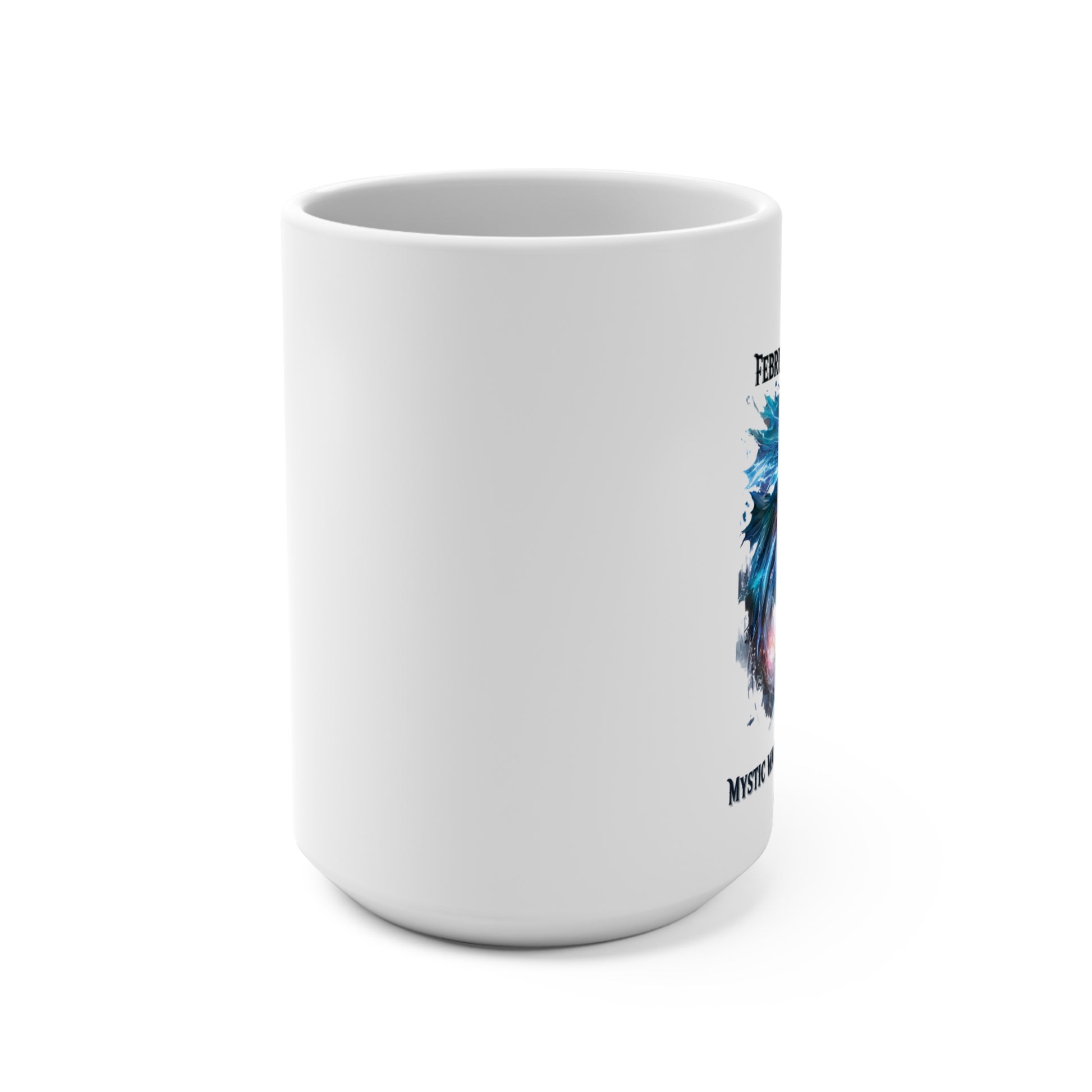 White mug with a colorful design on a white background