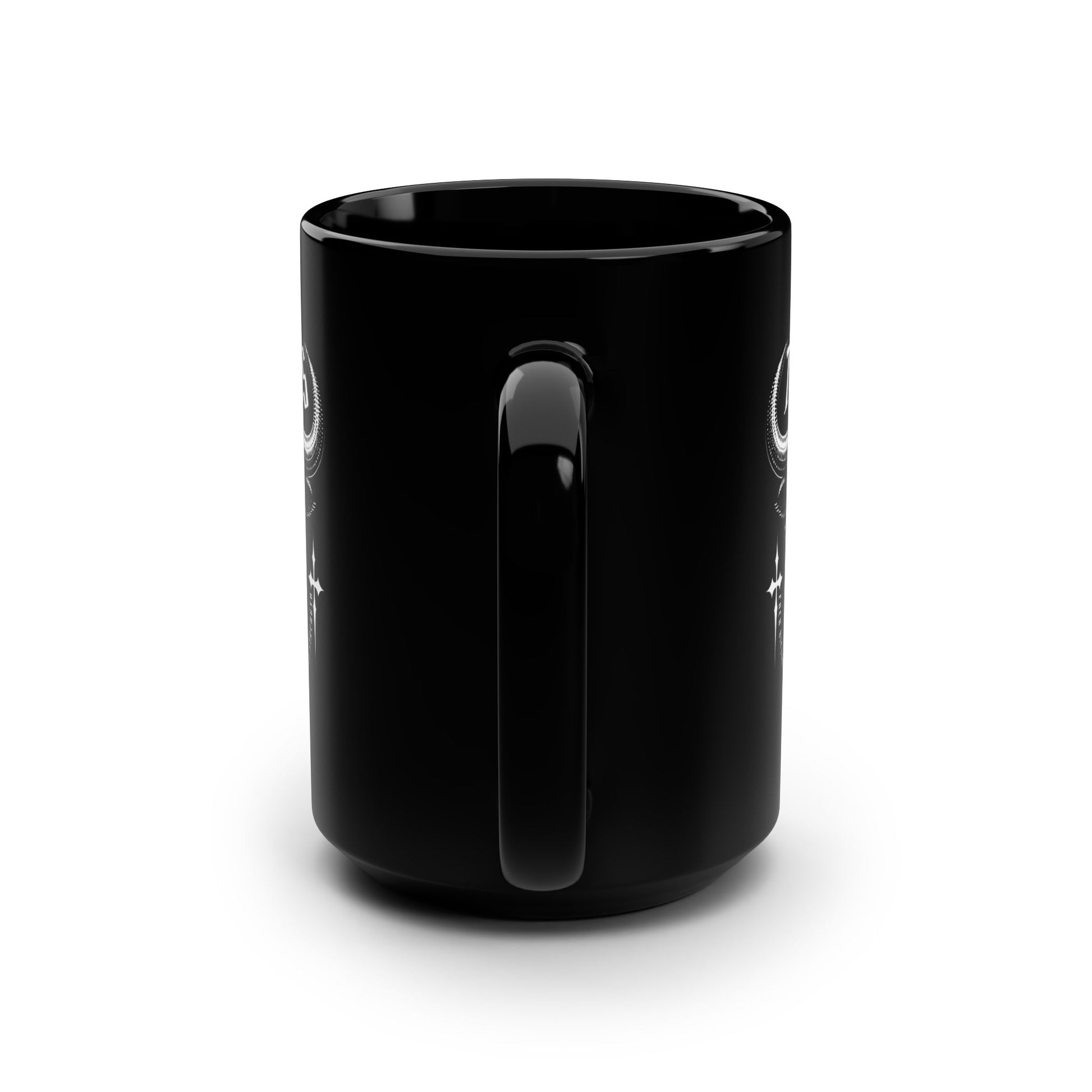 Black mug with a handle on a white background