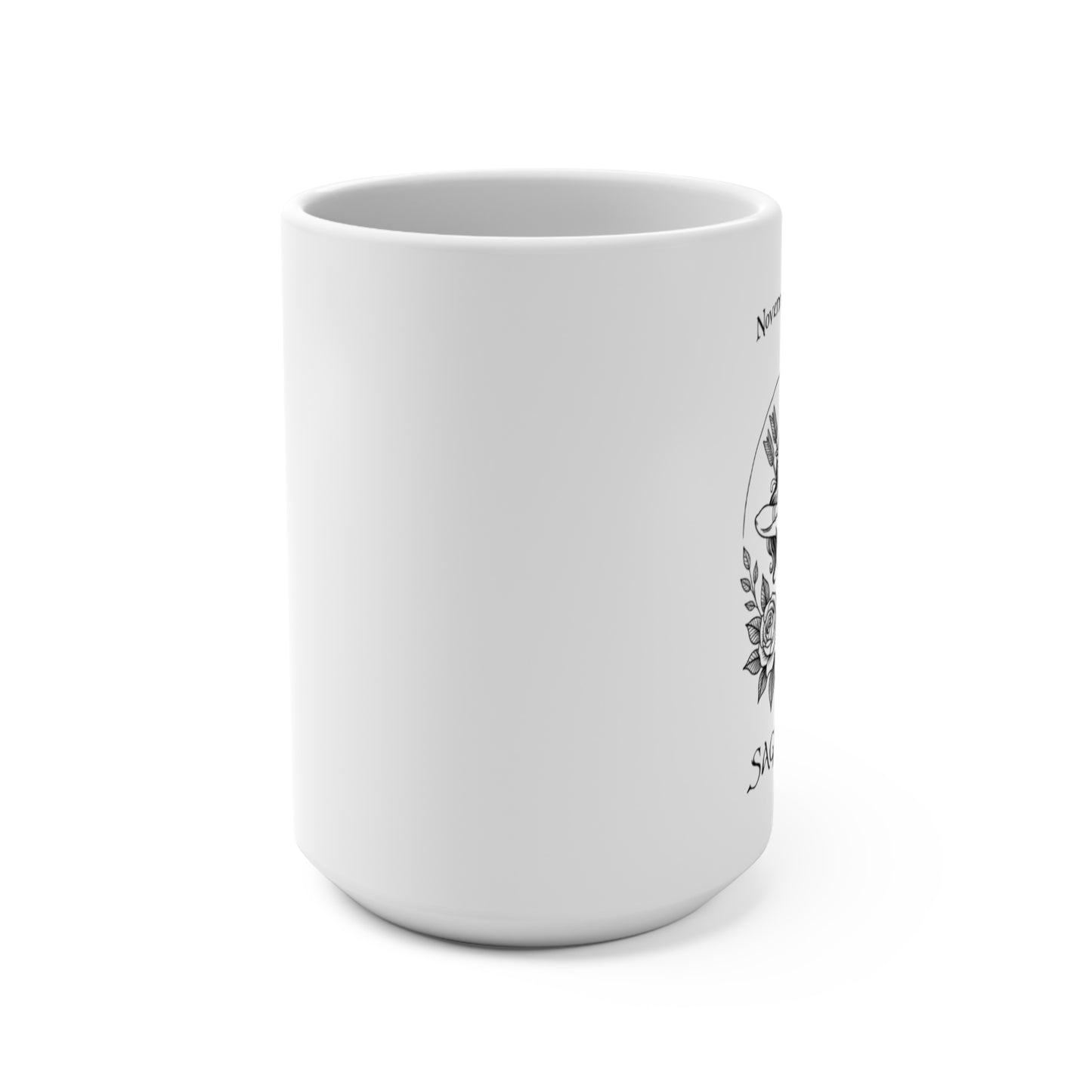 White ceramic mug with black text and design on a white background