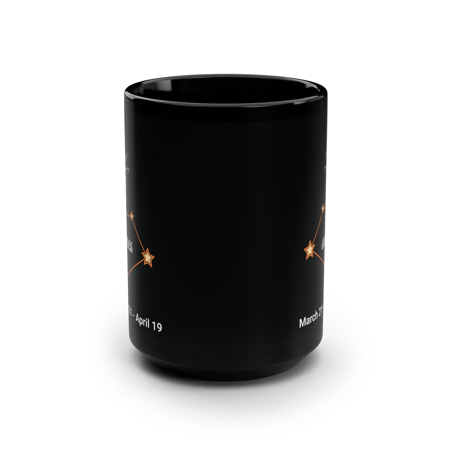 Black mug with star constellation design on a white background