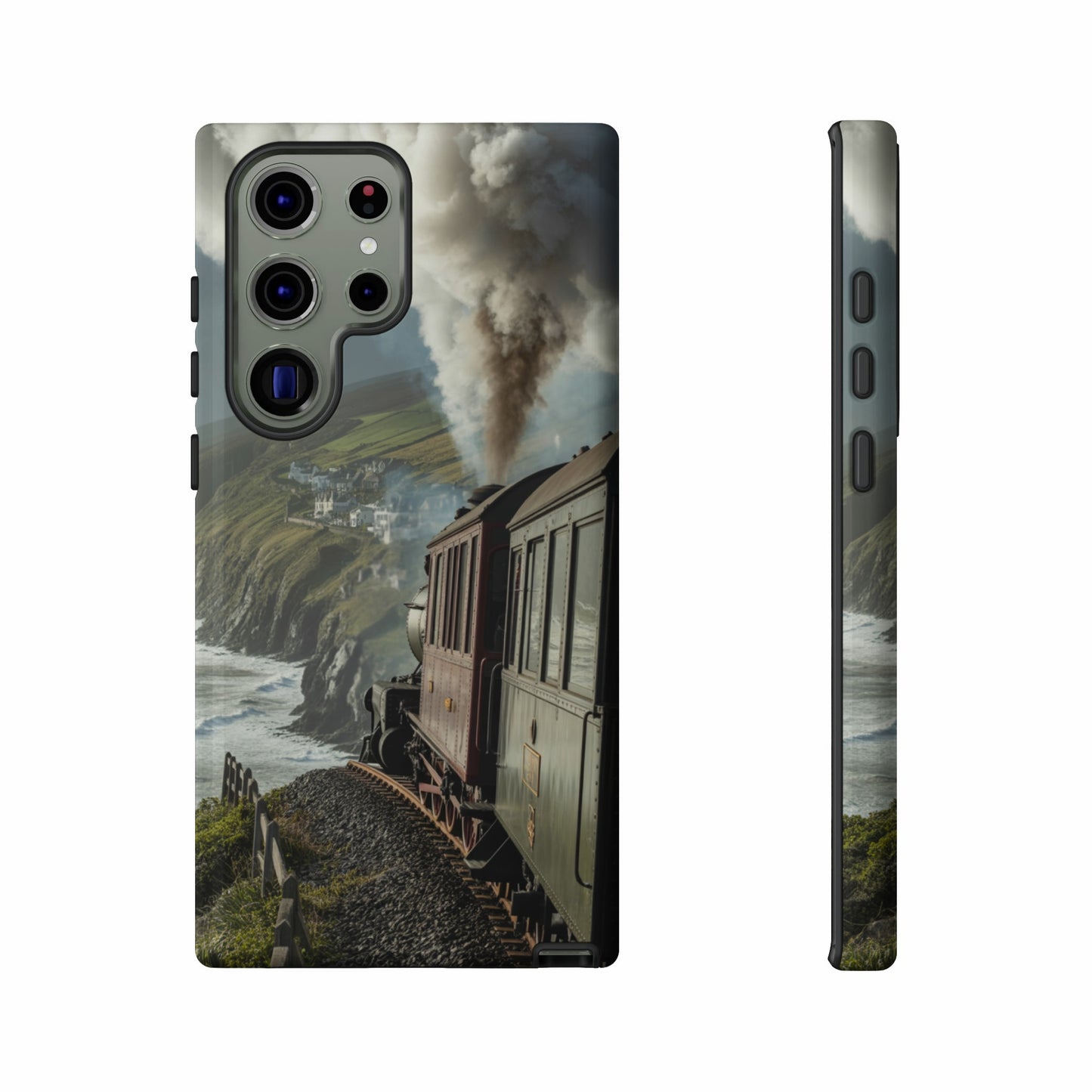 Train on coastal track with white smoke, next to phone case mockup.