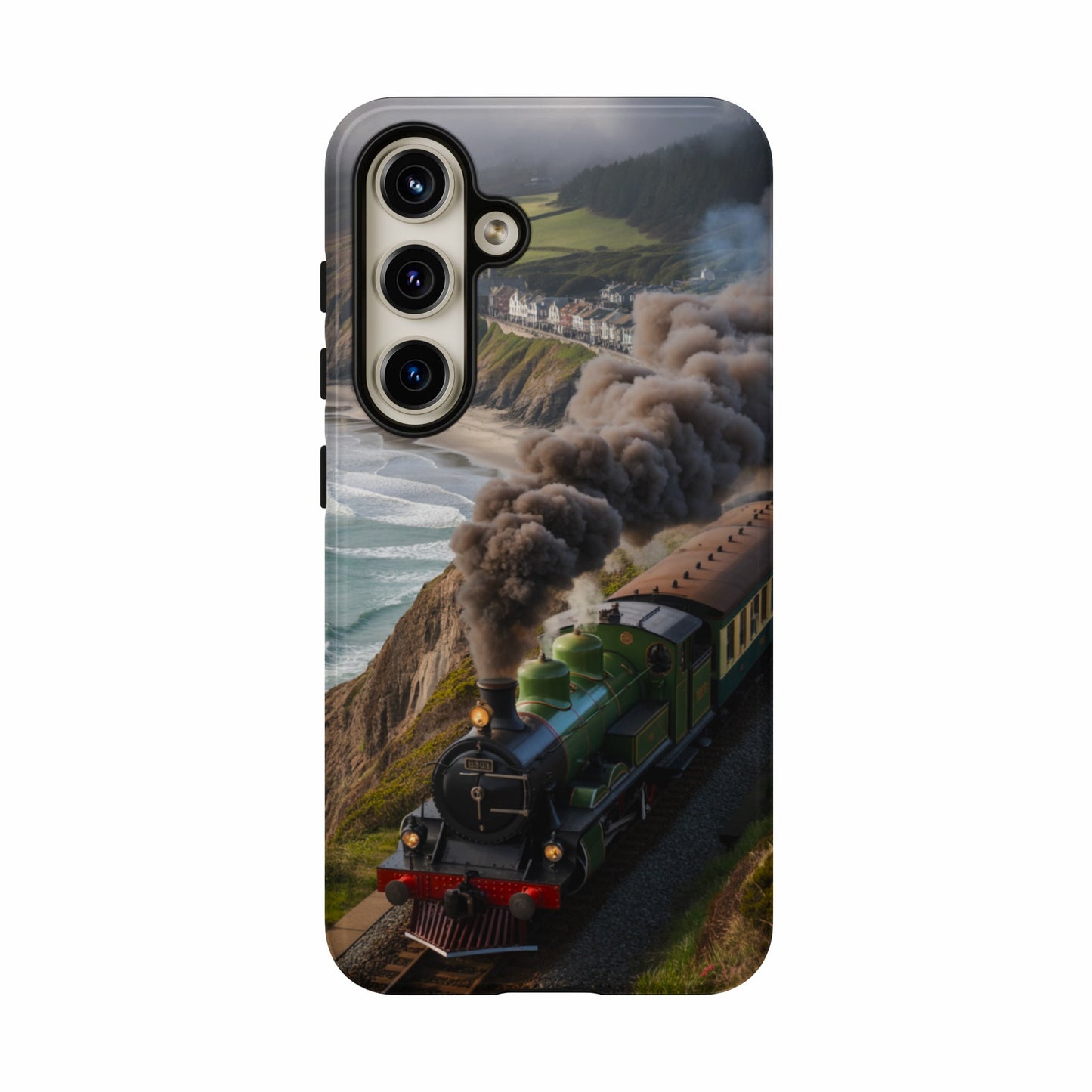 Vintage green steam train with passenger cars along a coastal town.