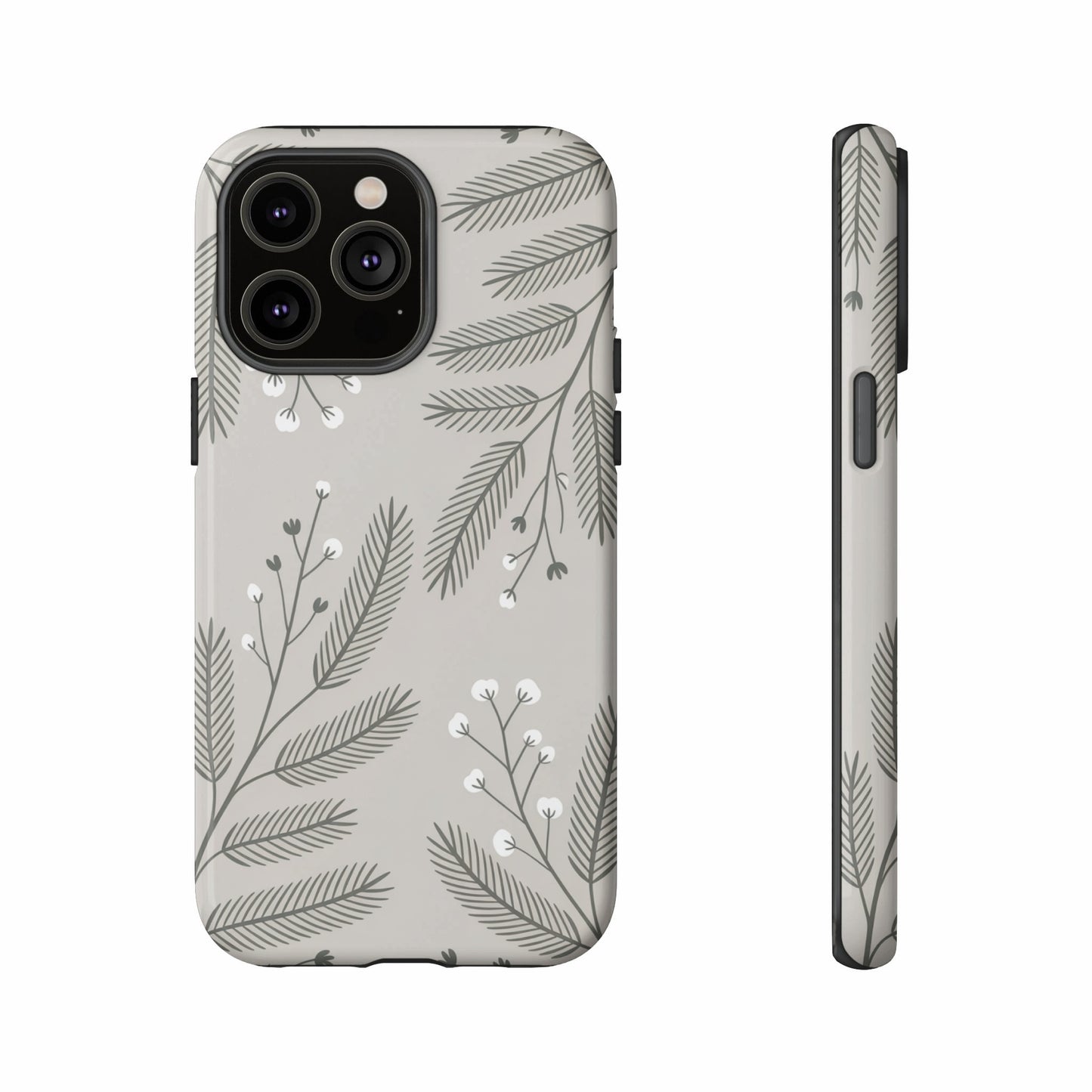 Gray phone case with light green botanical pattern and camera cutout.