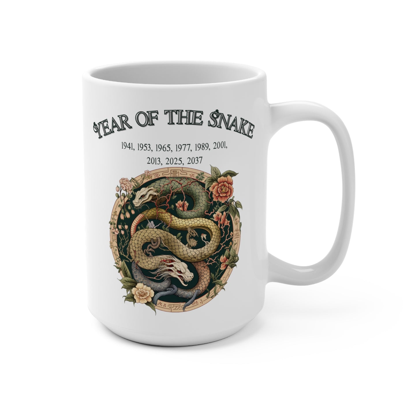 White mug with a snake design and text about the Year of the Snake on a white background