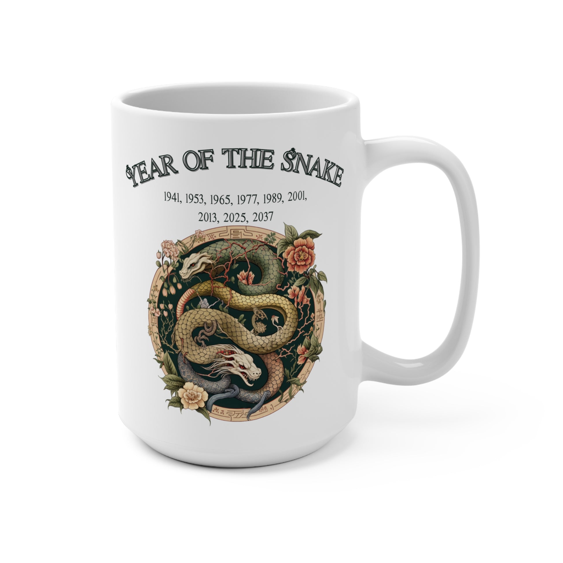 White mug with a snake design and text about the Year of the Snake on a white background