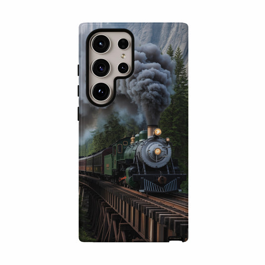 Steam locomotive with passenger cars on a wooden bridge.