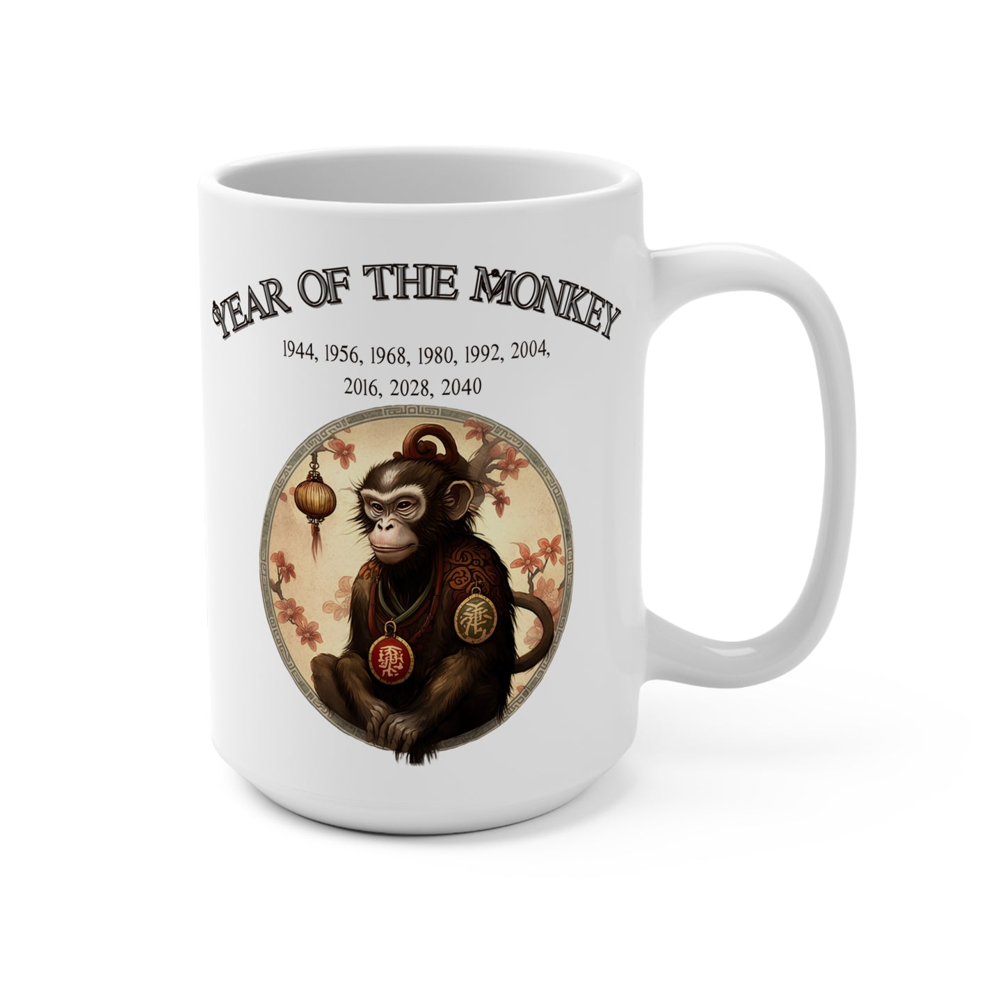 White mug with a design of a monkey and text about the Year of the Monkey on a white background