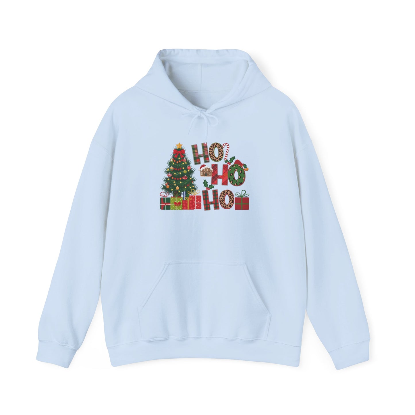 Embroidered Ho Ho Ho Christmas Hoodie – Festive Tree & Gifts Holiday Sweatshirt