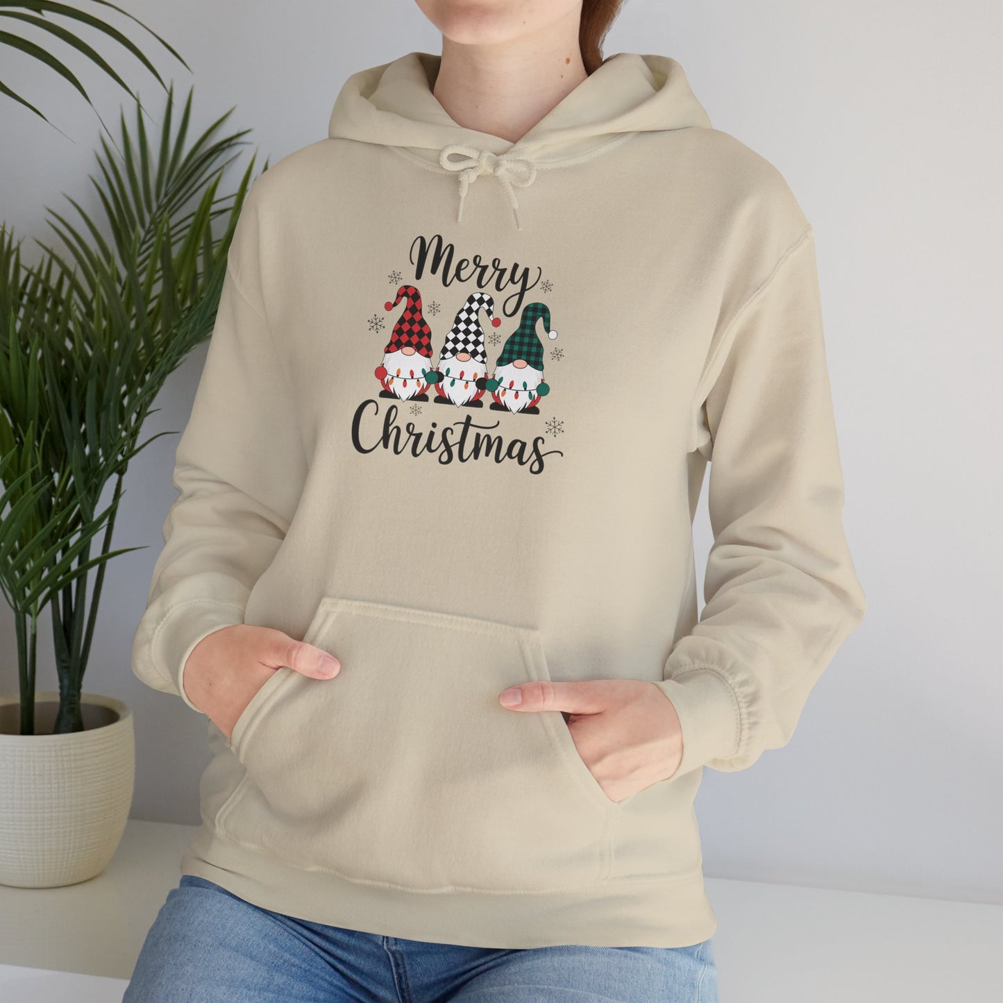 Embroidered Merry Christmas Gnomes Hoodie — Festive Plaid Holiday Pullover