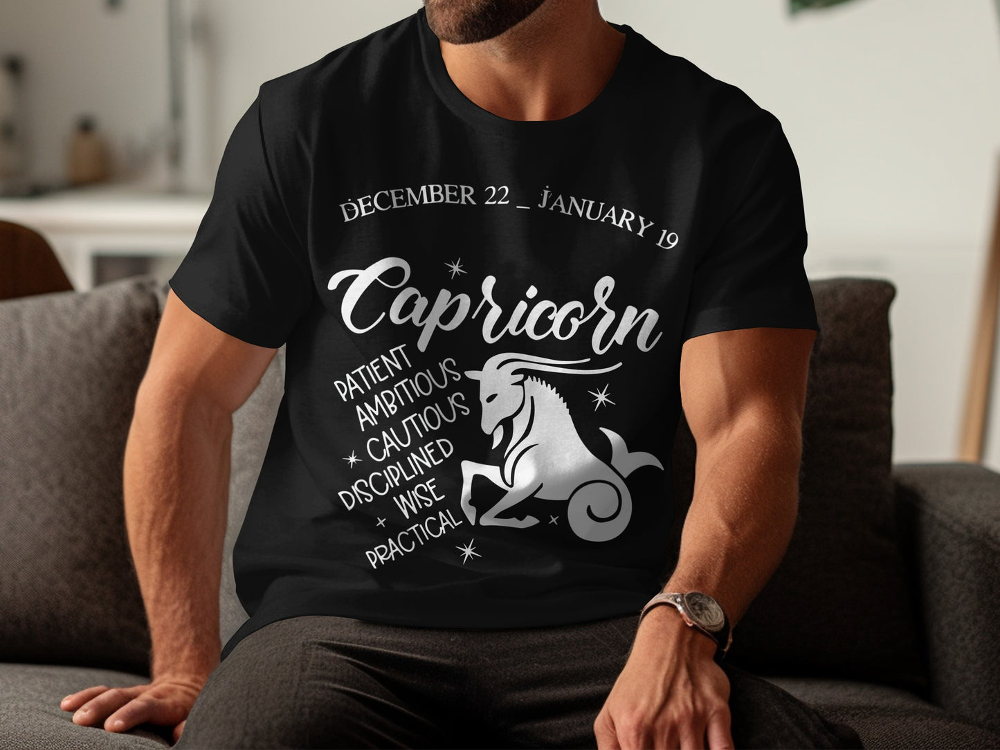Capricorn Zodiac Sign Black Graphic Tee Shirt