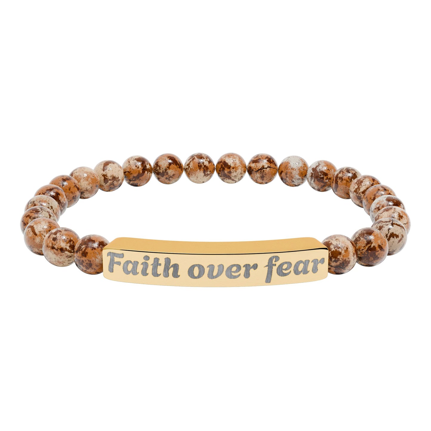 Faith Over Fear Natural Stone Stretch Bracelet — Engraved Beaded Bar Bracelet