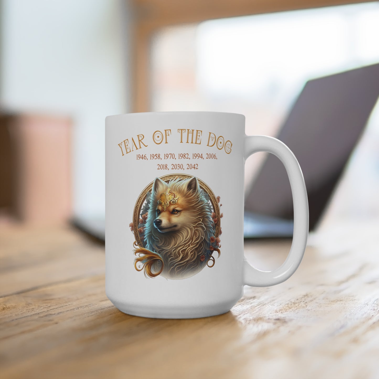 White mug with a dog illustration and 'Year of the Dog' text on a wooden surface.