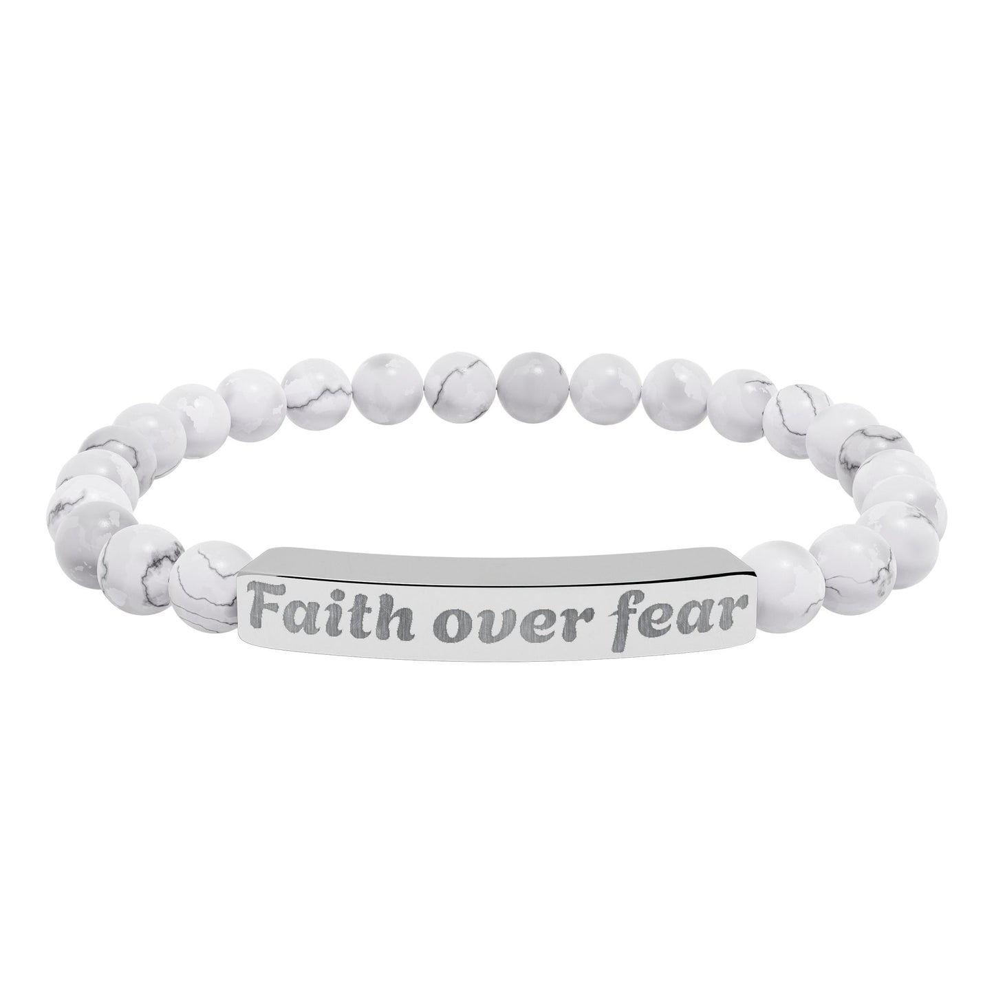 Faith Over Fear Natural Stone Stretch Bracelet — Engraved Beaded Bar Bracelet