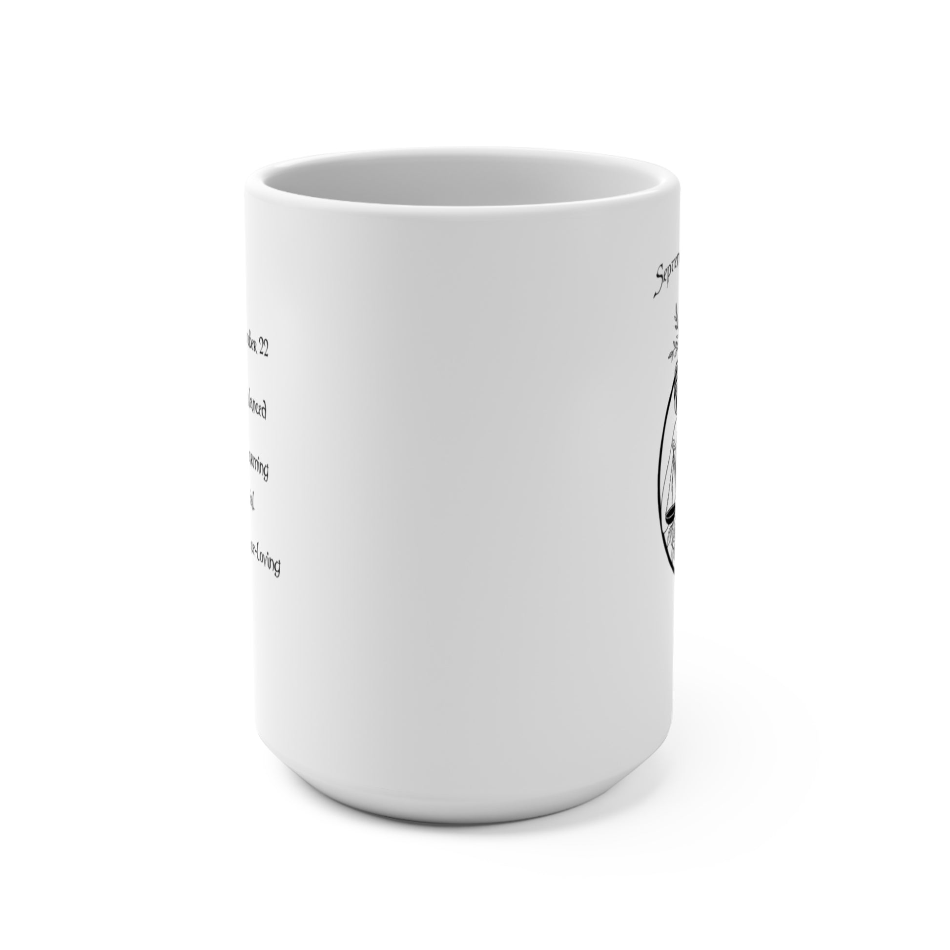 White mug with black text and design on a white background