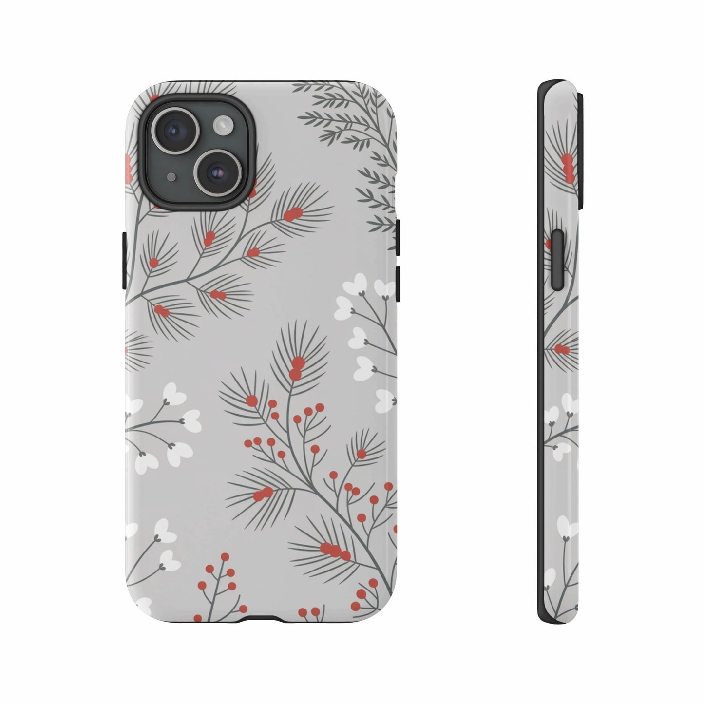 Phone case with a grey background and a repeating floral branch pattern.