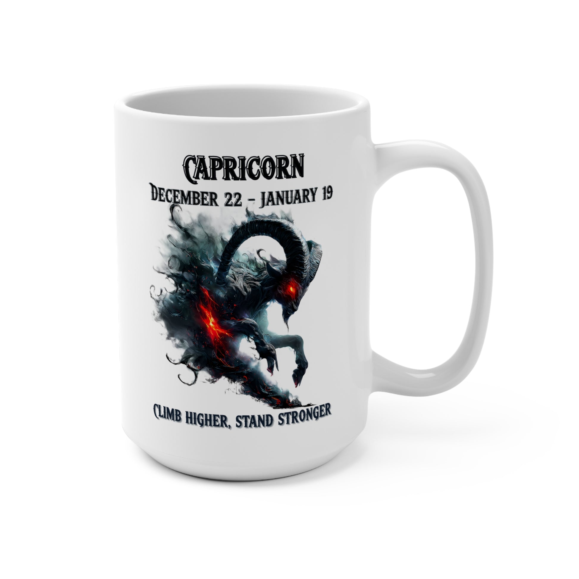 White mug with Capricorn design and text on a white background