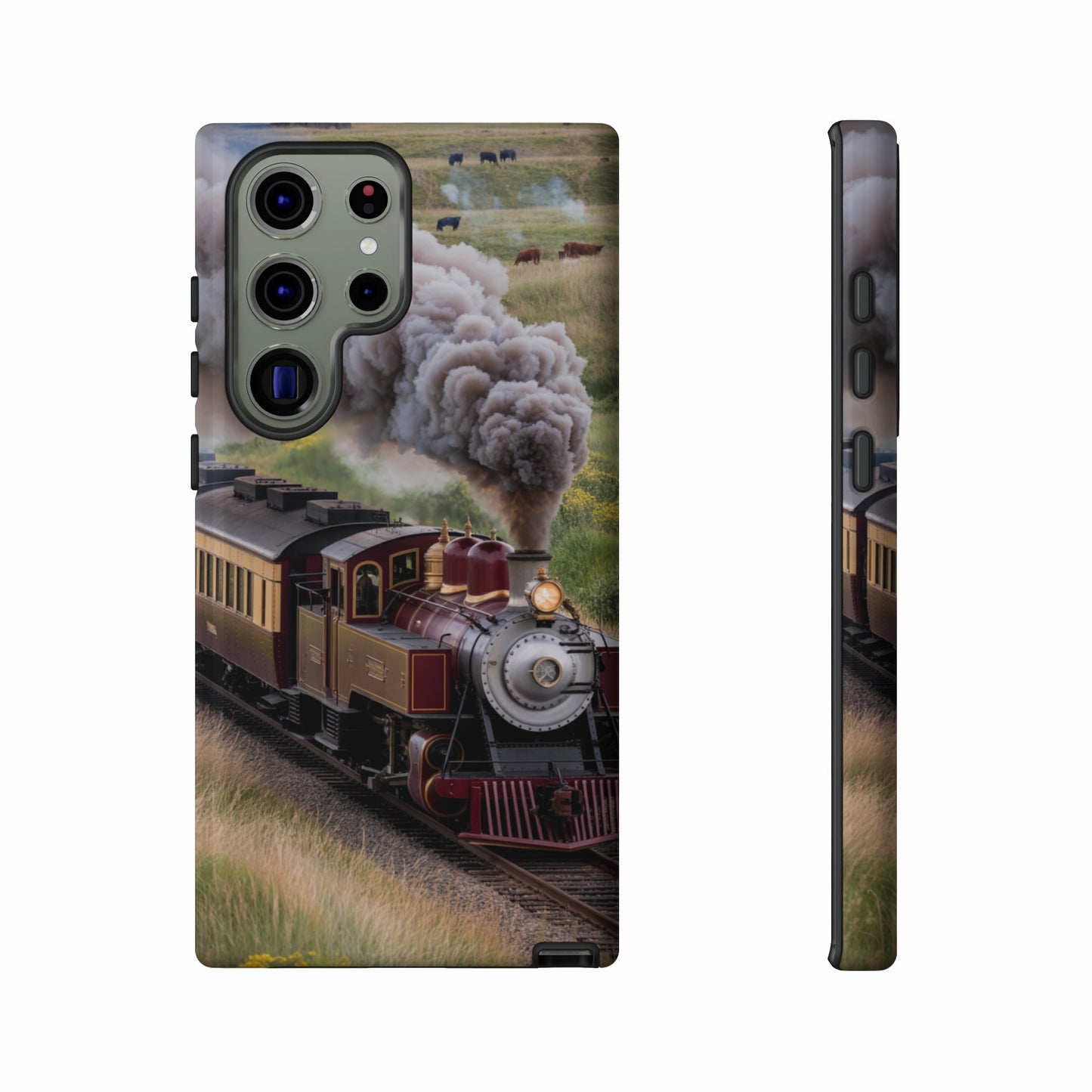 Vintage steam train with smoke billowing, set against a grassy field.