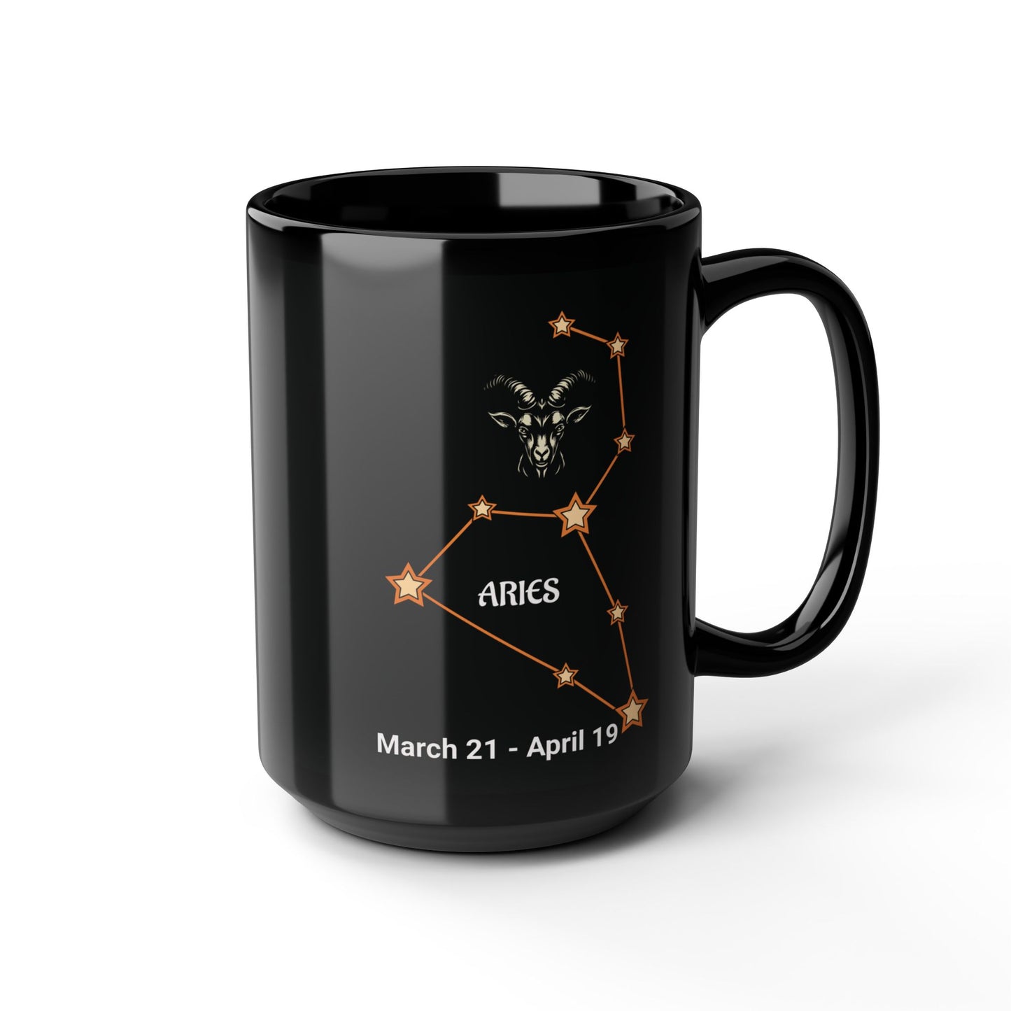 Black mug with Aries zodiac design on a white background