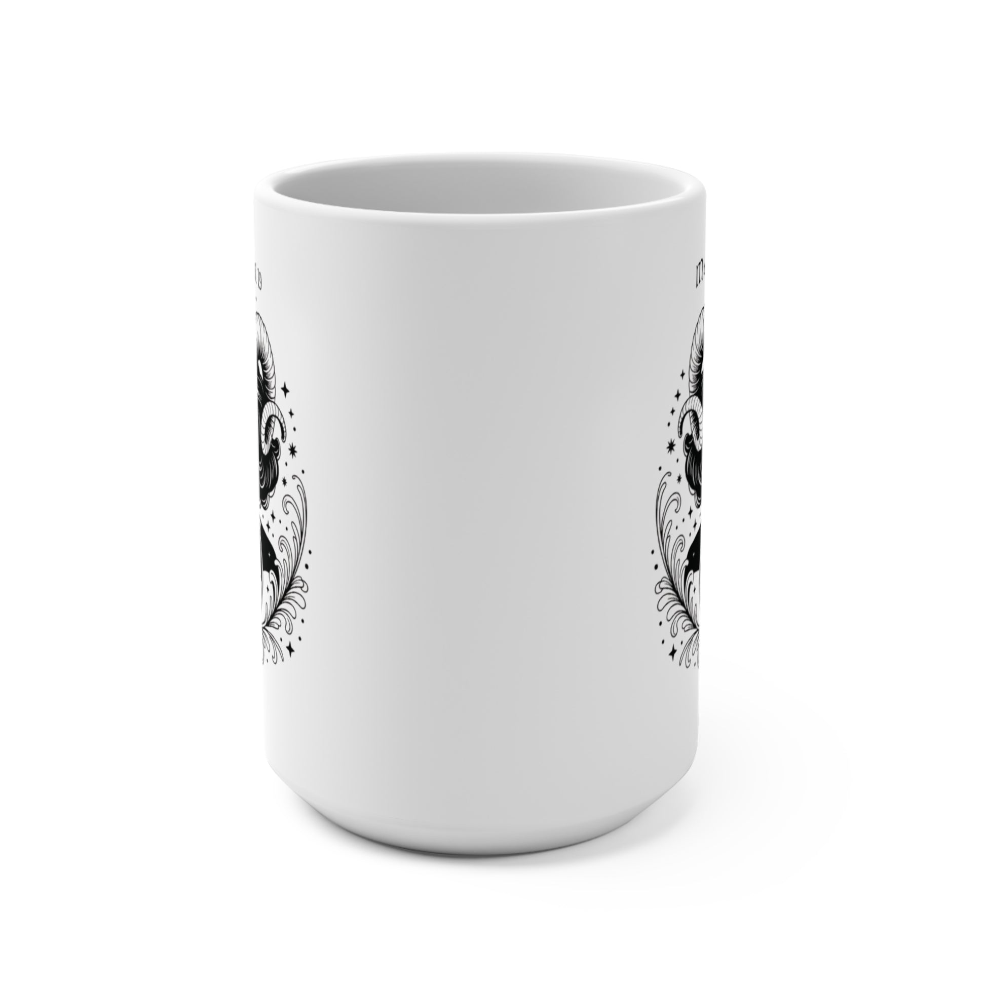 White mug with black and white pattern on a white background