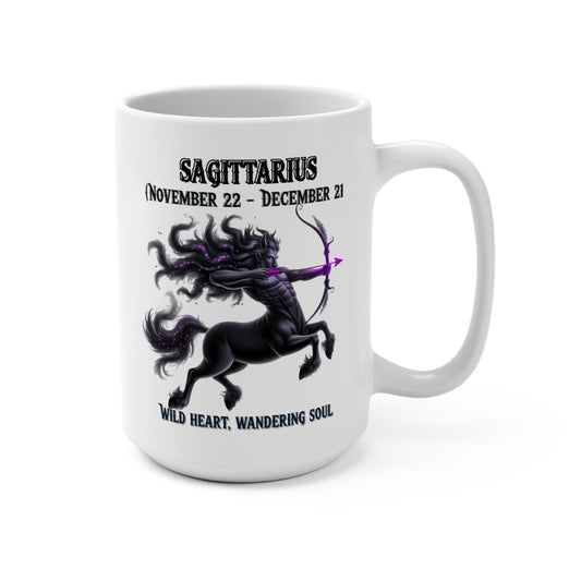 White mug with Sagittarius zodiac design and text on a white background