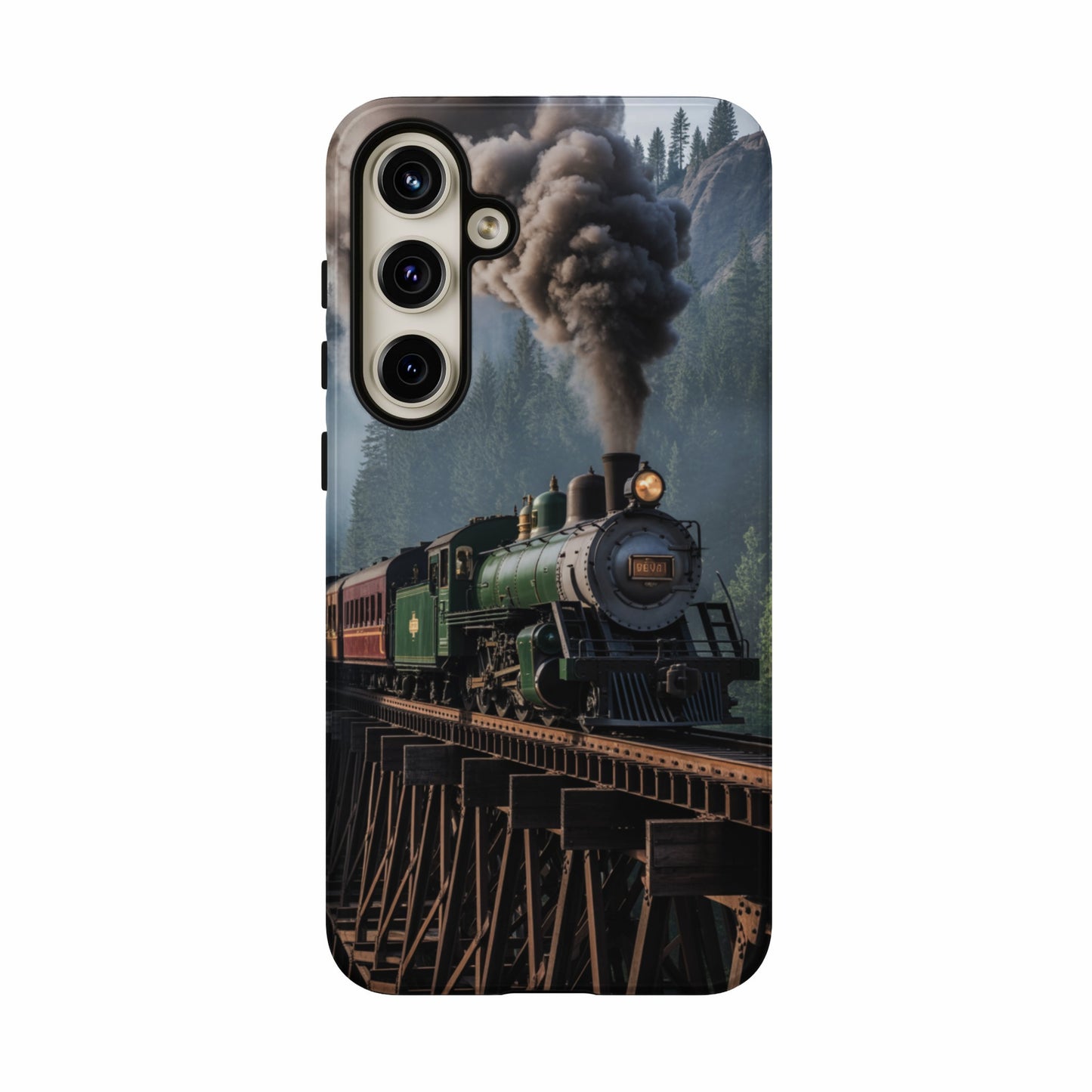 Green steam train with smoke crossing a wooden bridge through a forest.