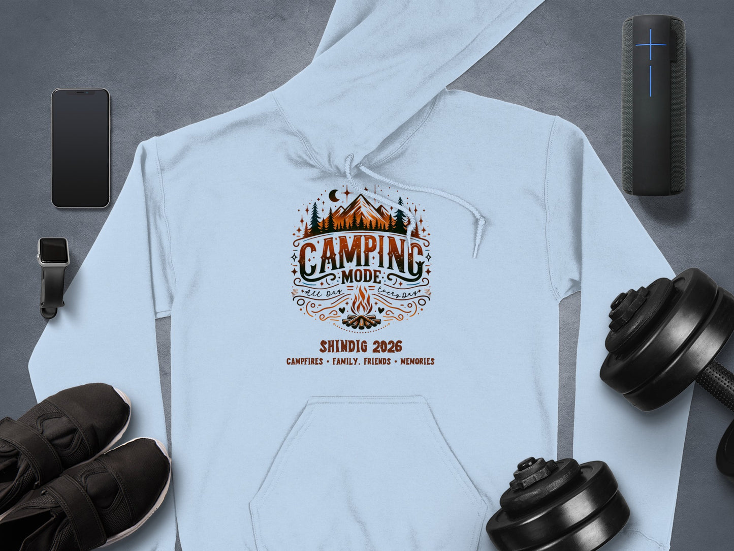 Camping Mode Shindig 2026 Hoodie with Campfire Design
