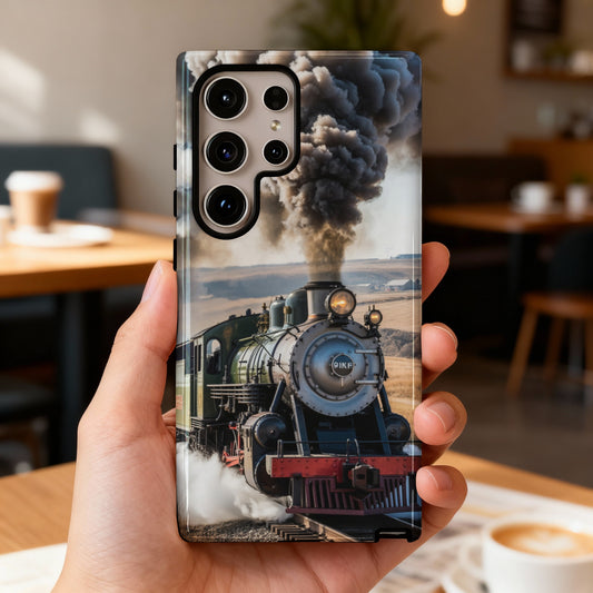 Phone case with vintage steam train blowing smoke, viewed from the front.