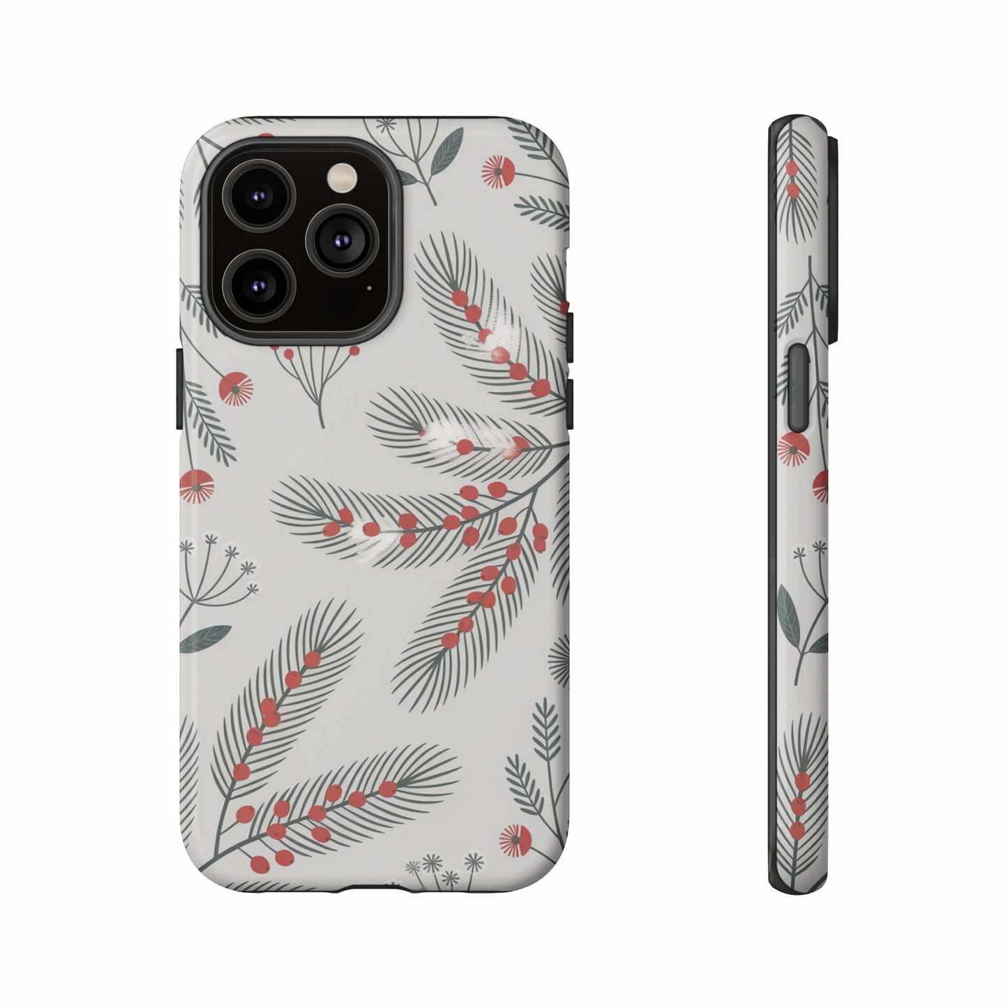 Phone case with a gray background and a botanical pattern of red berries and green branches.
