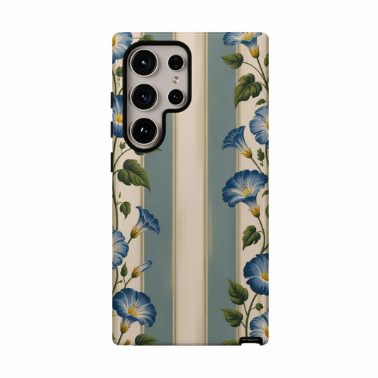 Blue morning glory flowers on a striped phone case.