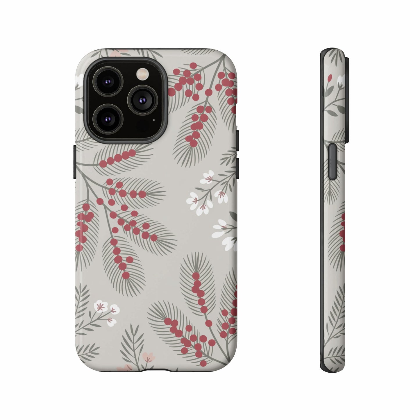 Phone case with red berries and white flowers on gray background.