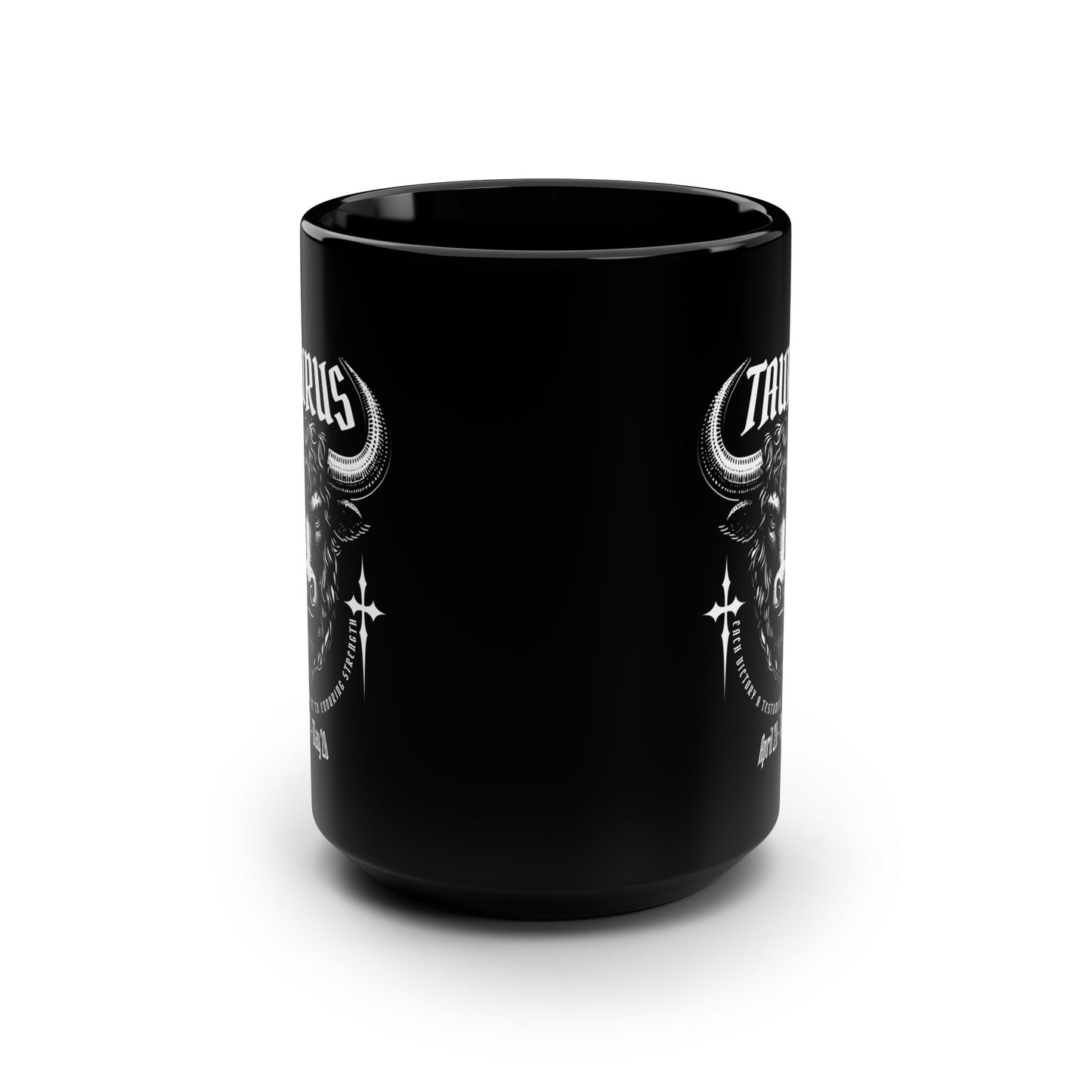 Black mug with white designs and text on a white background
