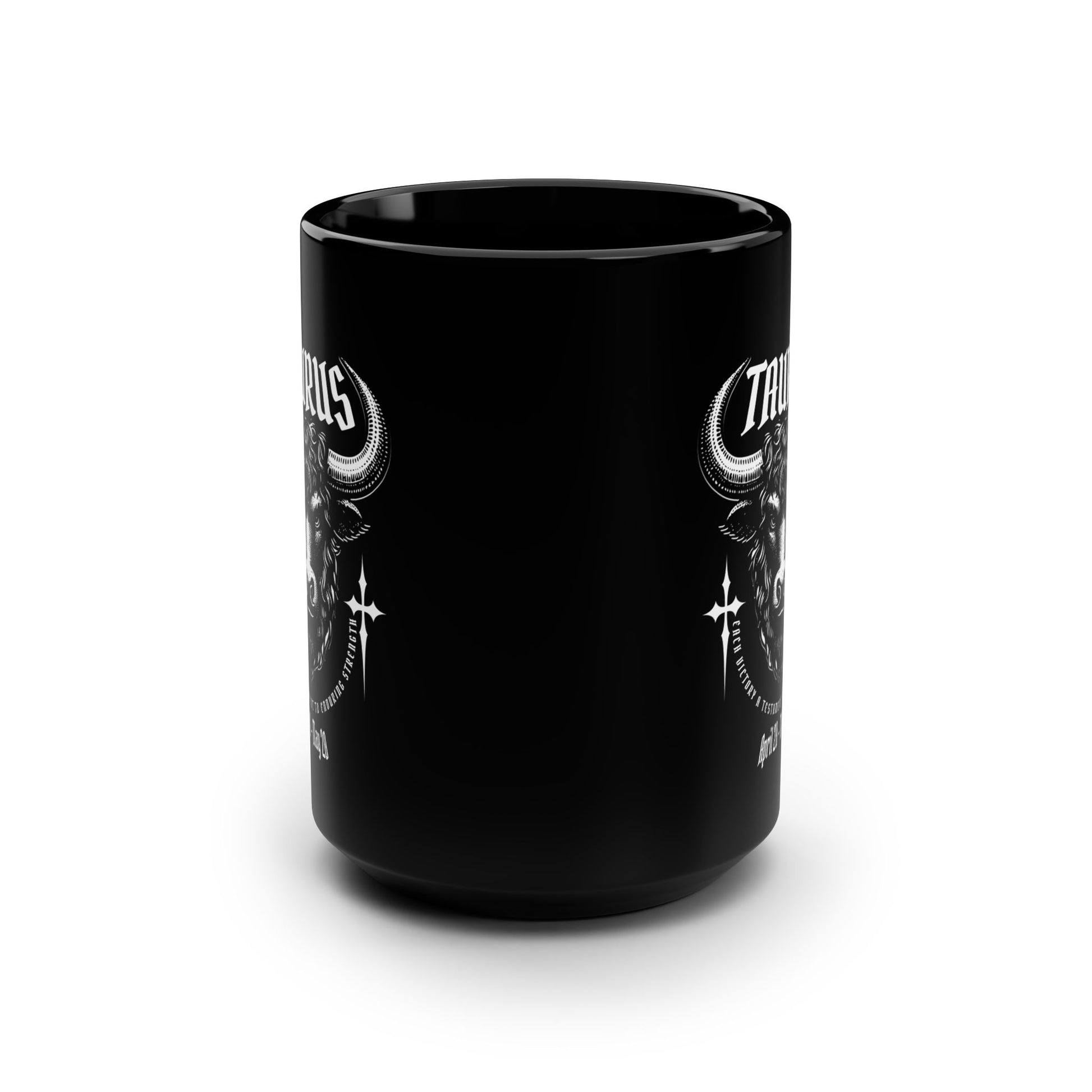 Black mug with white designs and text on a white background