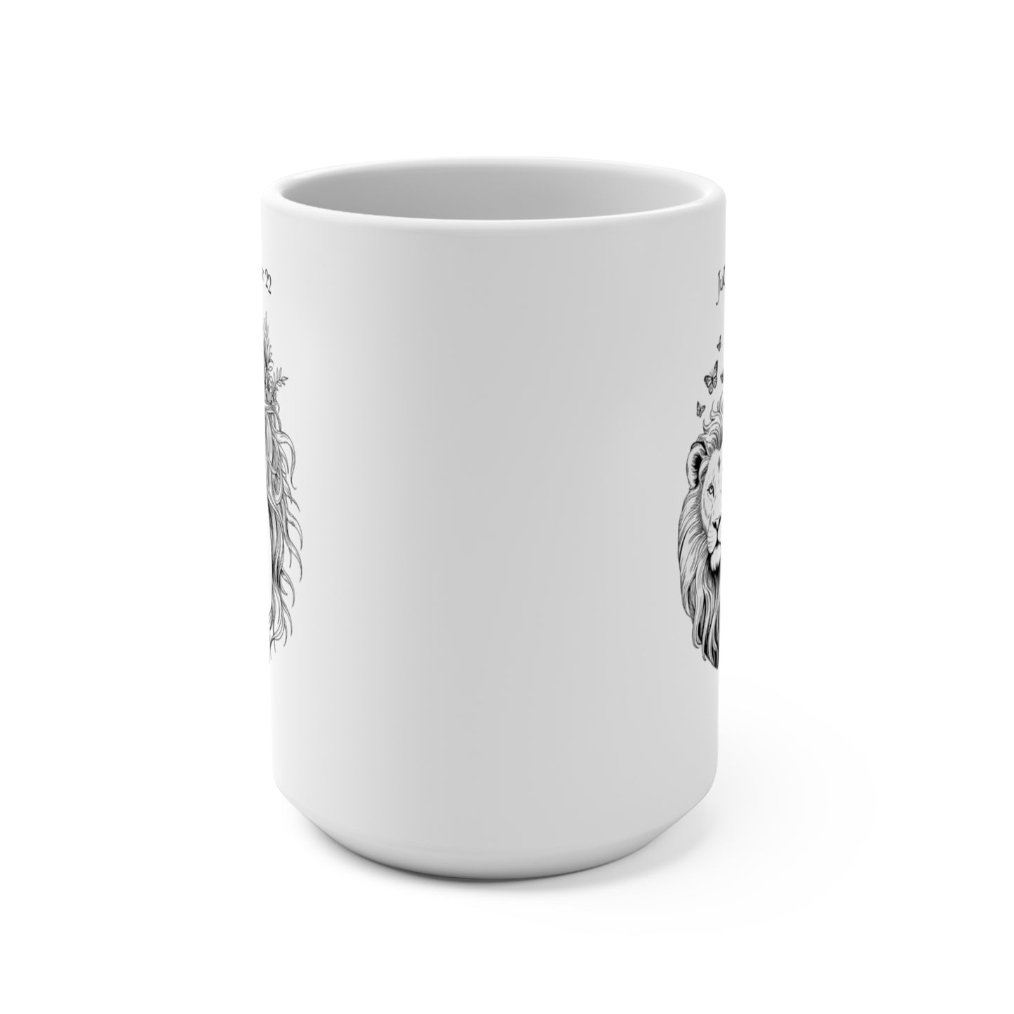 White mug with black floral pattern on a white background