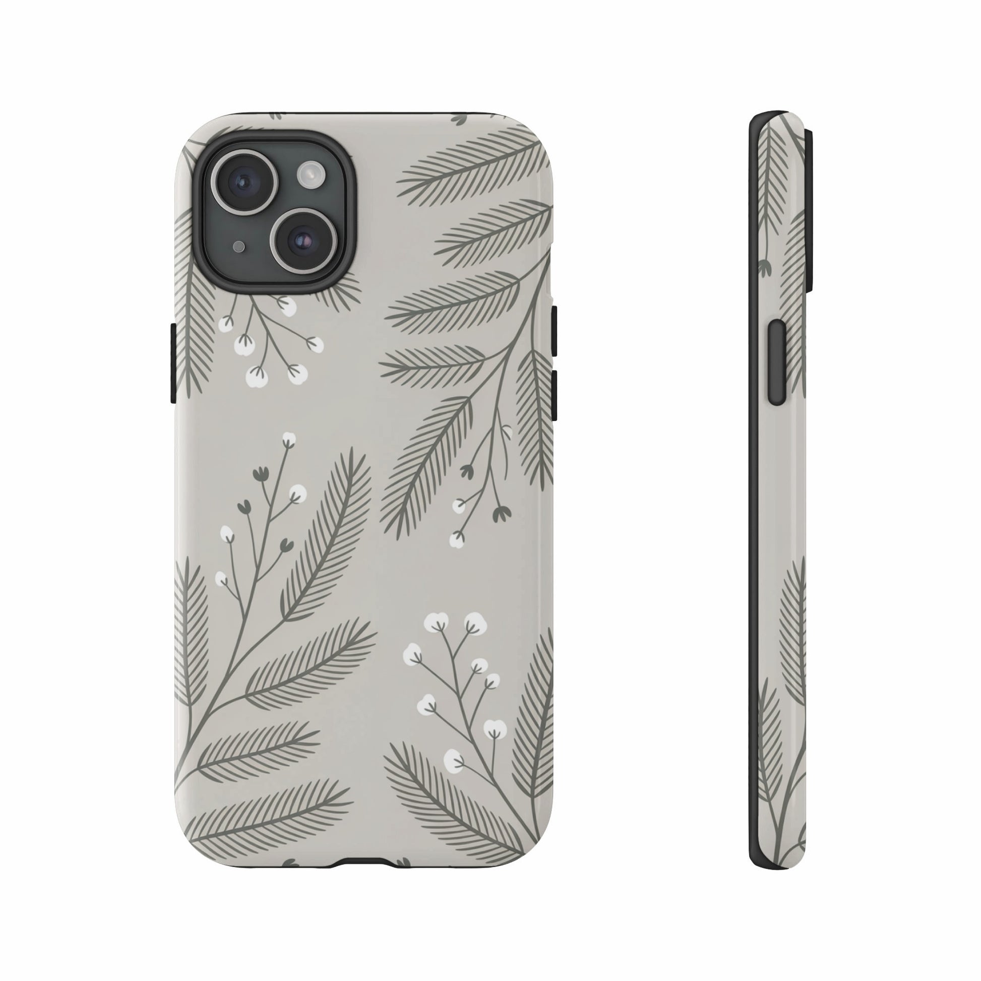 Two views of a phone case with a light gray background and a white floral branch pattern.