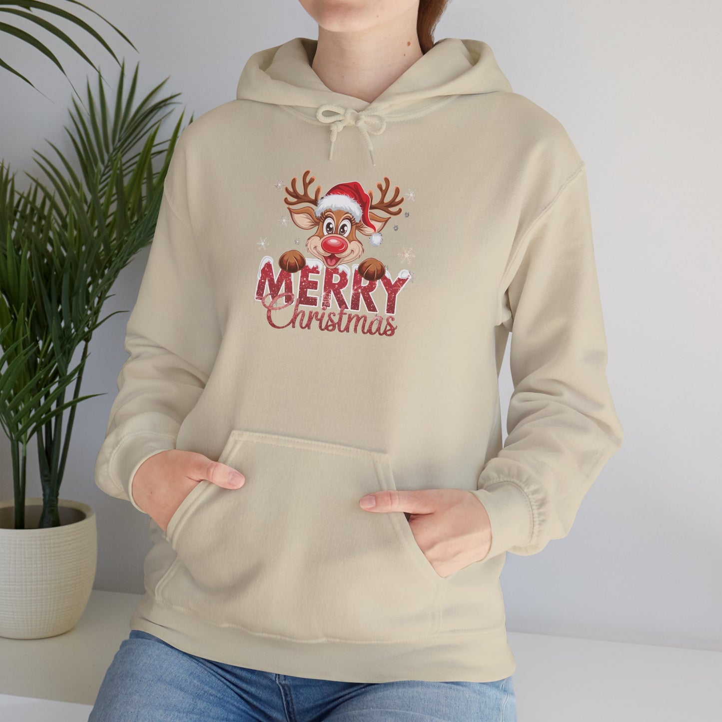 Embroidered Christmas Reindeer Hoodie – Merry Christmas Cute Holiday Sweatshirt