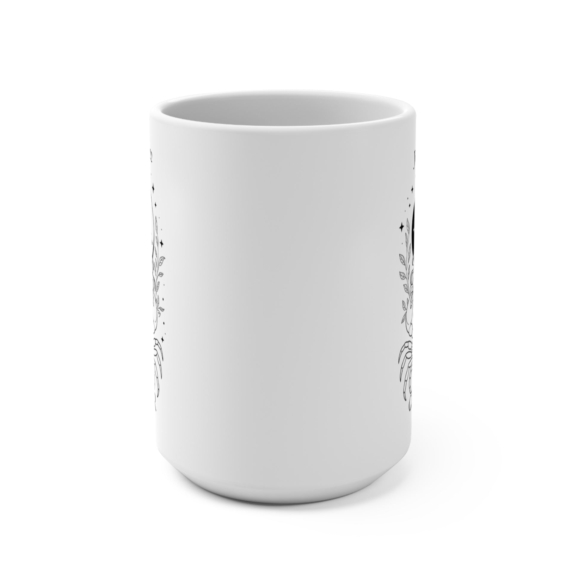 White mug with black text and design on a white background