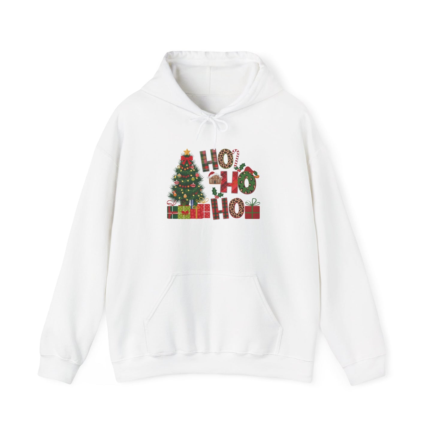 Embroidered Ho Ho Ho Christmas Hoodie – Festive Tree & Gifts Holiday Sweatshirt